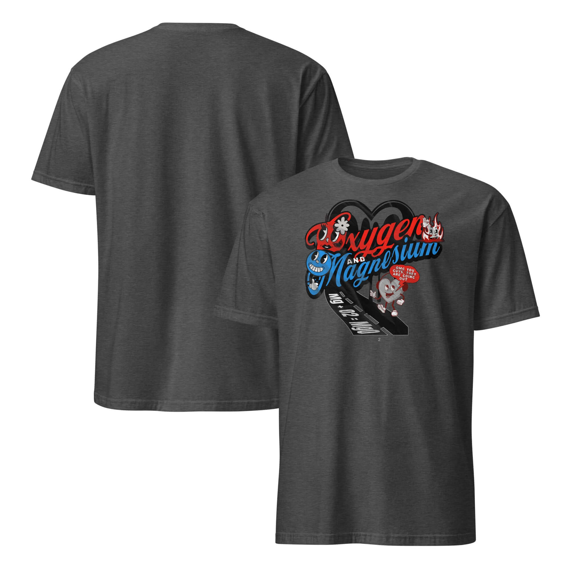 Gray T-shirt featuring Oxygen and Magnesium chemistry love story graphic design, highlighting their combustible relationship.