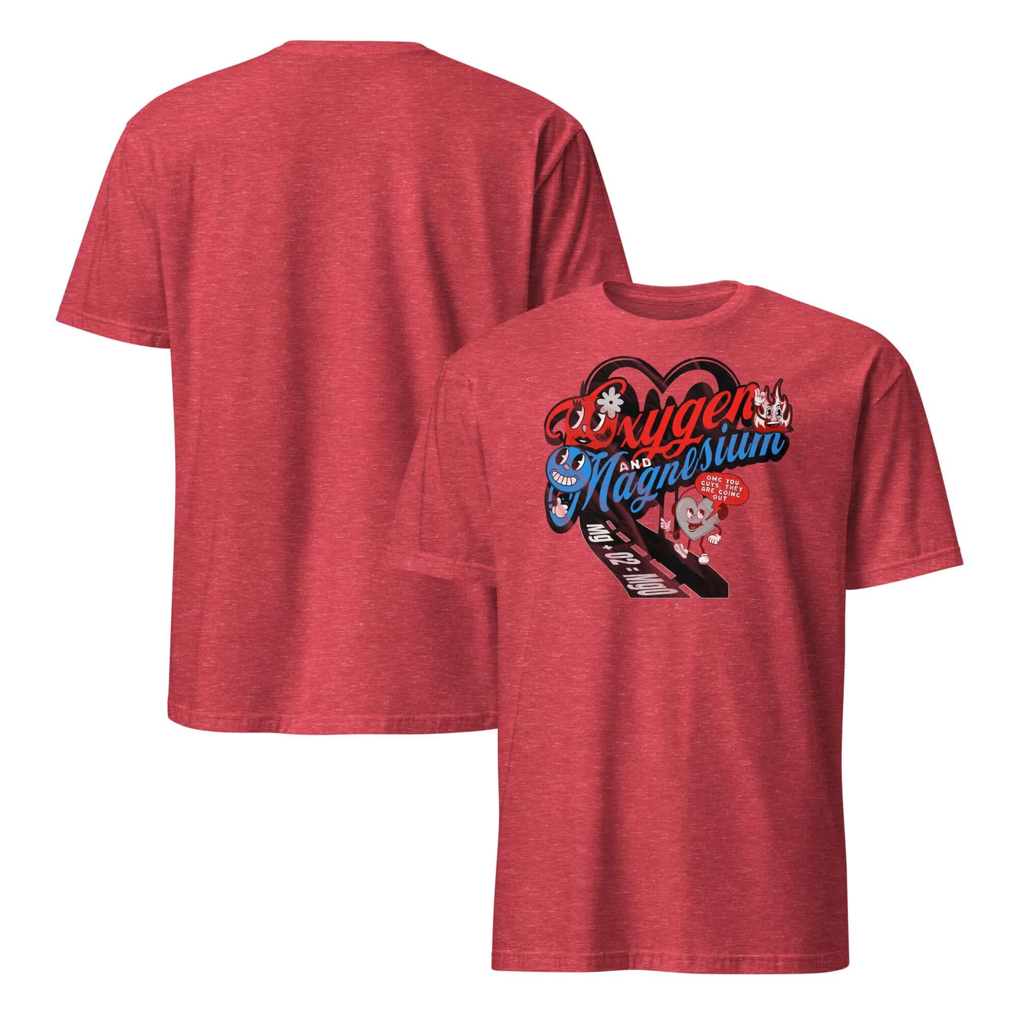 Red OMG T-shirt featuring Oxygen and Magnesium chemistry love story design; perfect for science enthusiasts and chemistry lovers.