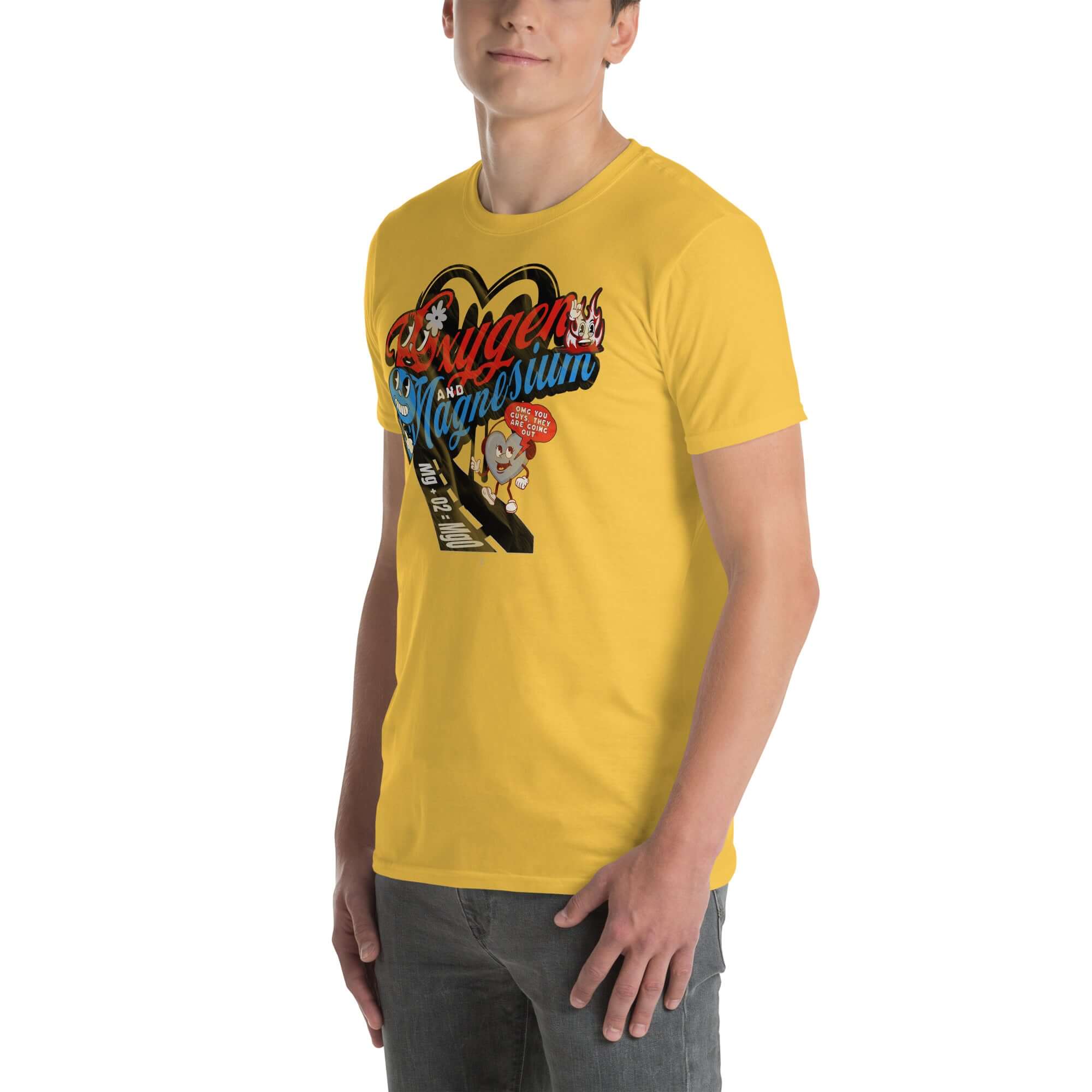 Oxygen and Magnesium OMG T-Shirt featuring a chemistry love story design, perfect for science enthusiasts and chemistry fans.