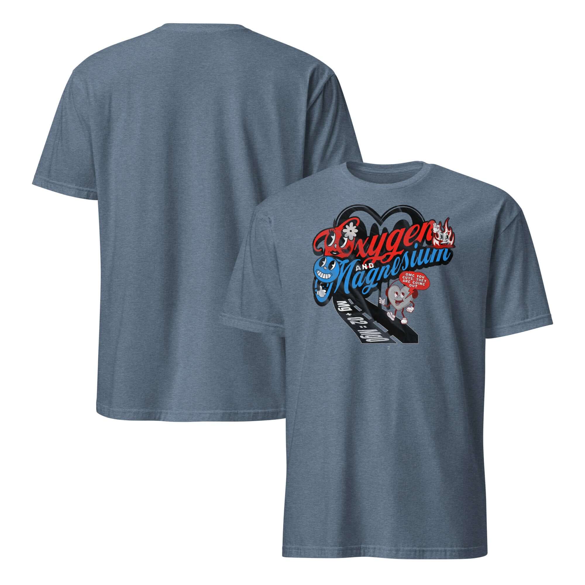 Oxygen and Magnesium OMG T-Shirt with chemistry love story design, featuring playful element graphics on a blue tee.