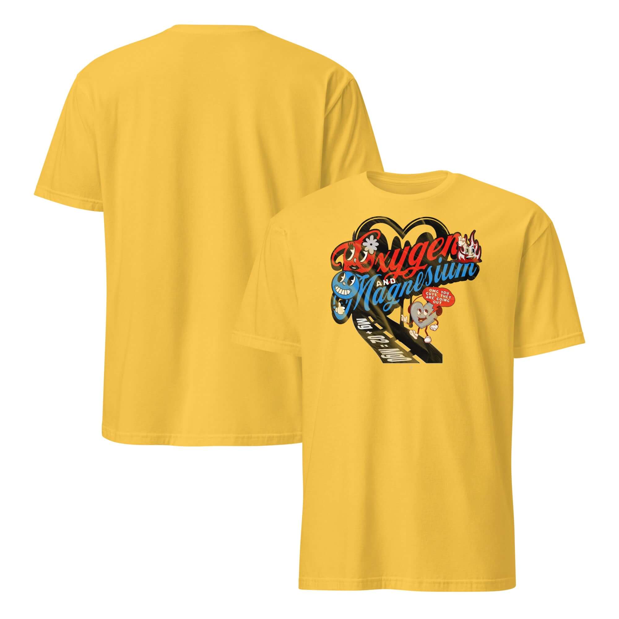 Yellow t-shirt with Oxygen and Magnesium chemistry love story design featuring molecular formula and periodic table elements.
