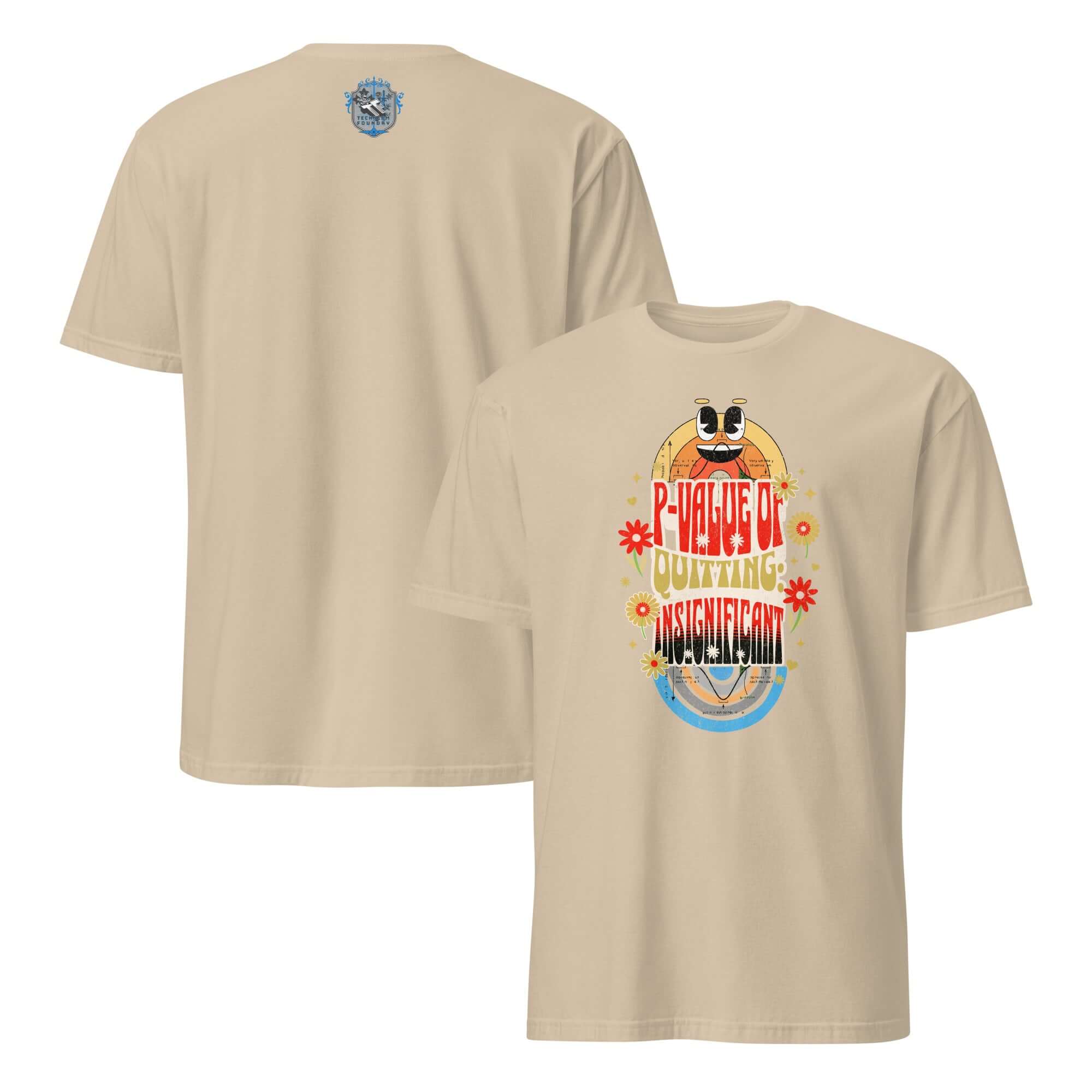 Beige T-shirt with "P-Value Quitting: Insignificant" in retro style for statistics humor lovers.