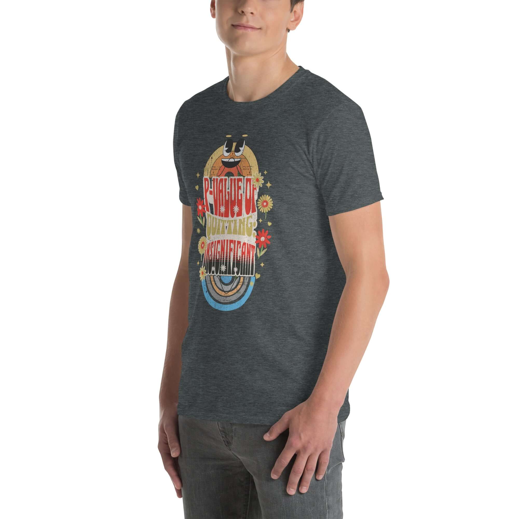 Man wearing P-Value Quitting Insignificant T-Shirt with retro-psychedelic typography, statistical humor apparel in dark gray.