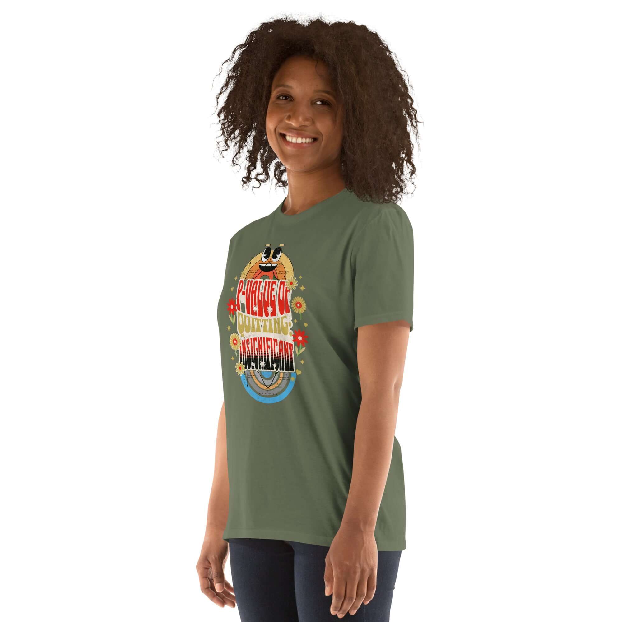 Woman wearing P-Value Quitting t-shirt with statistical humor design in retro-psychedelic style.