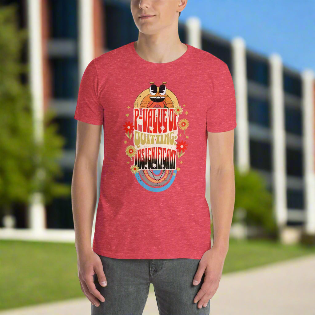 Red t-shirt with "P-Value Quitting: Insignificant" design in retro-psychedelic style, perfect for statistics humor fans.