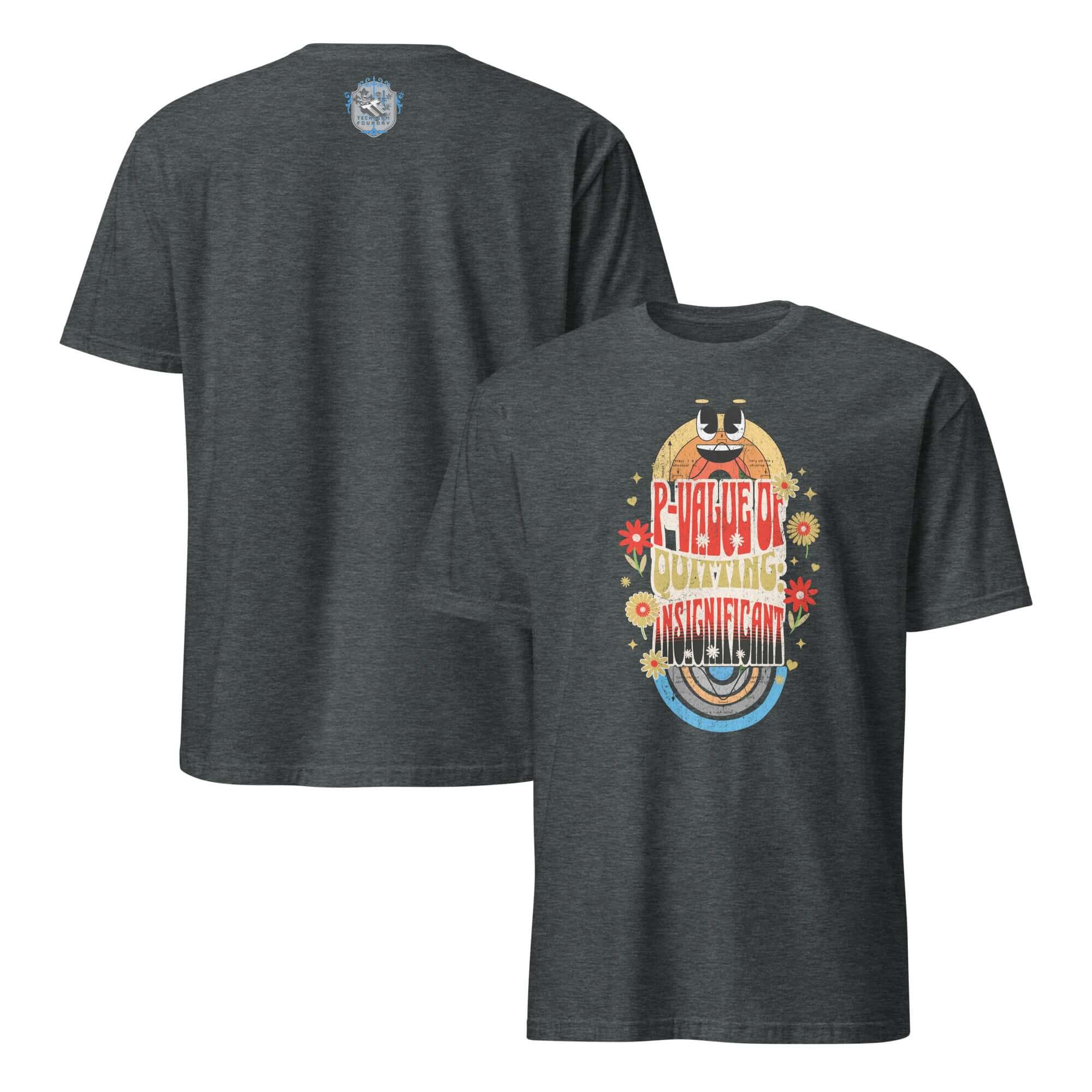 "P-Value Quitting: Insignificant" t-shirt with retro design in red, gold, and psychedelic style. Statistics humor apparel.