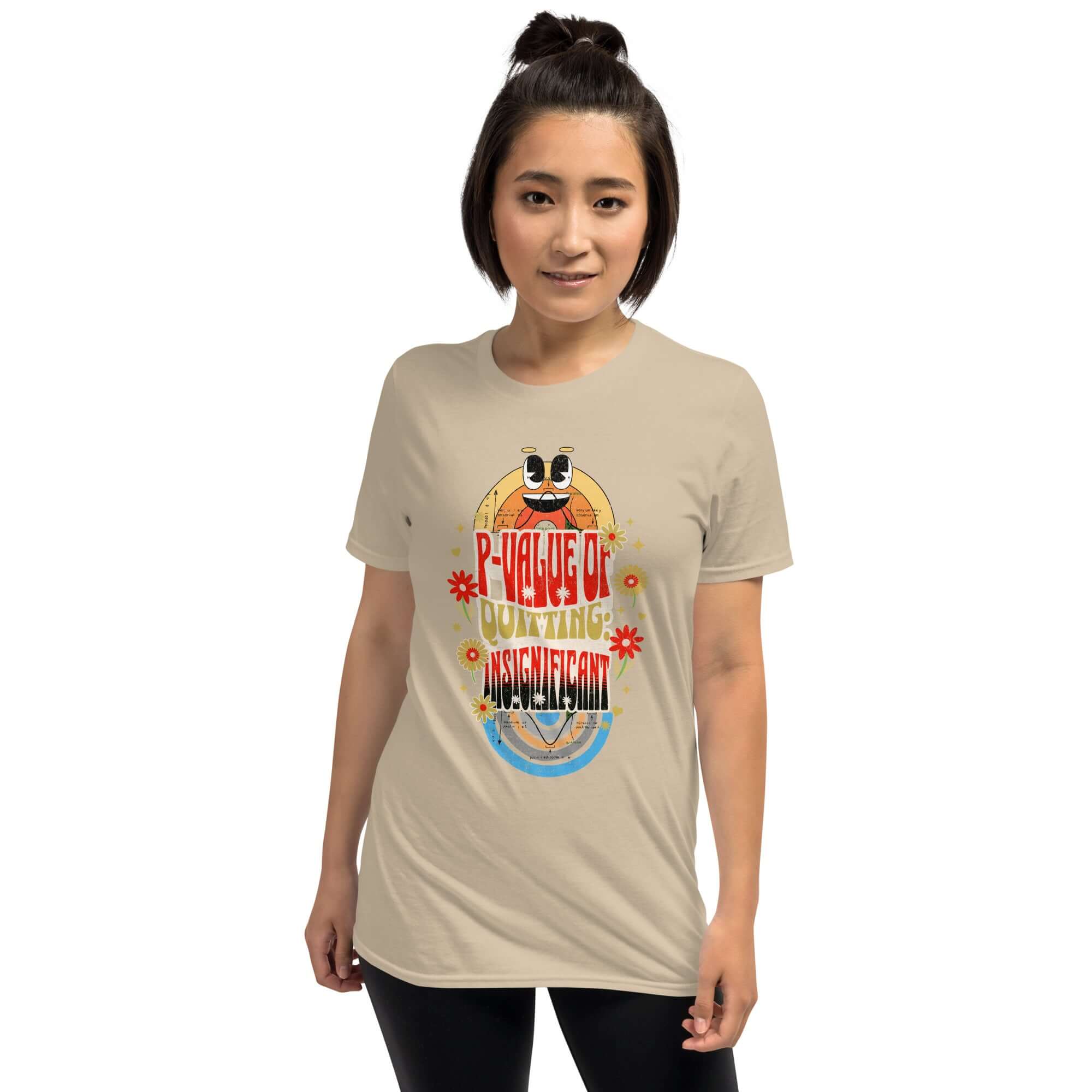 Woman wearing beige "P-Value Quitting: Insignificant" statistics humor t-shirt with retro-psychedelic design.