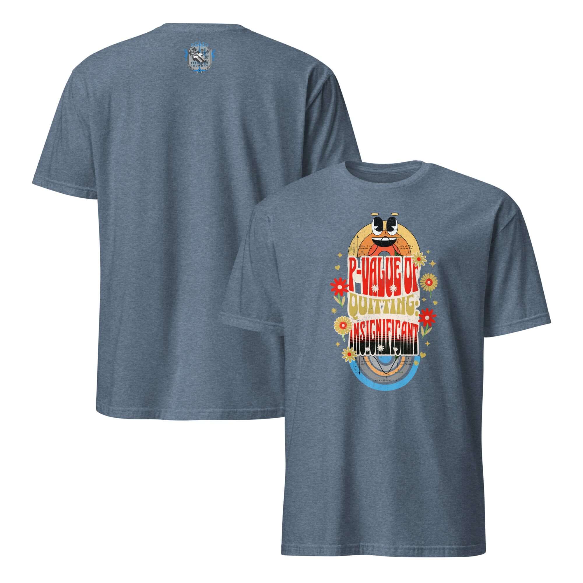"P-Value Quitting: Insignificant" t-shirt with retro design, humorous statistics apparel in grey with colorful typography front and back.