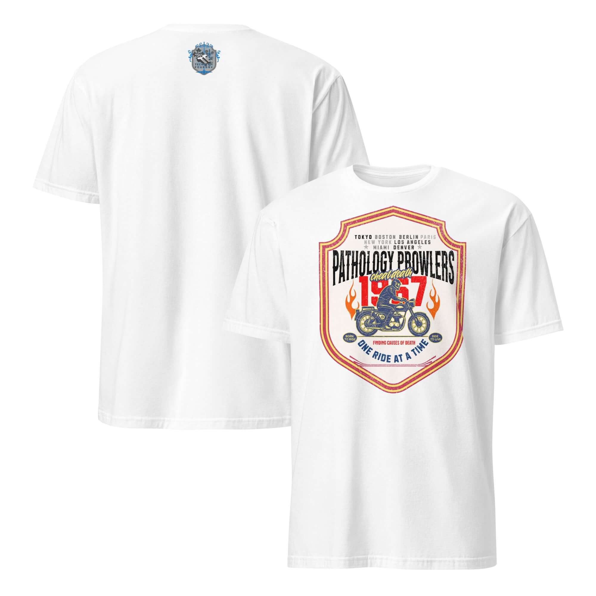 Pathology Prowlers MC T-Shirt featuring vintage shield emblem for forensic motorcycle club with bike and year 1967.