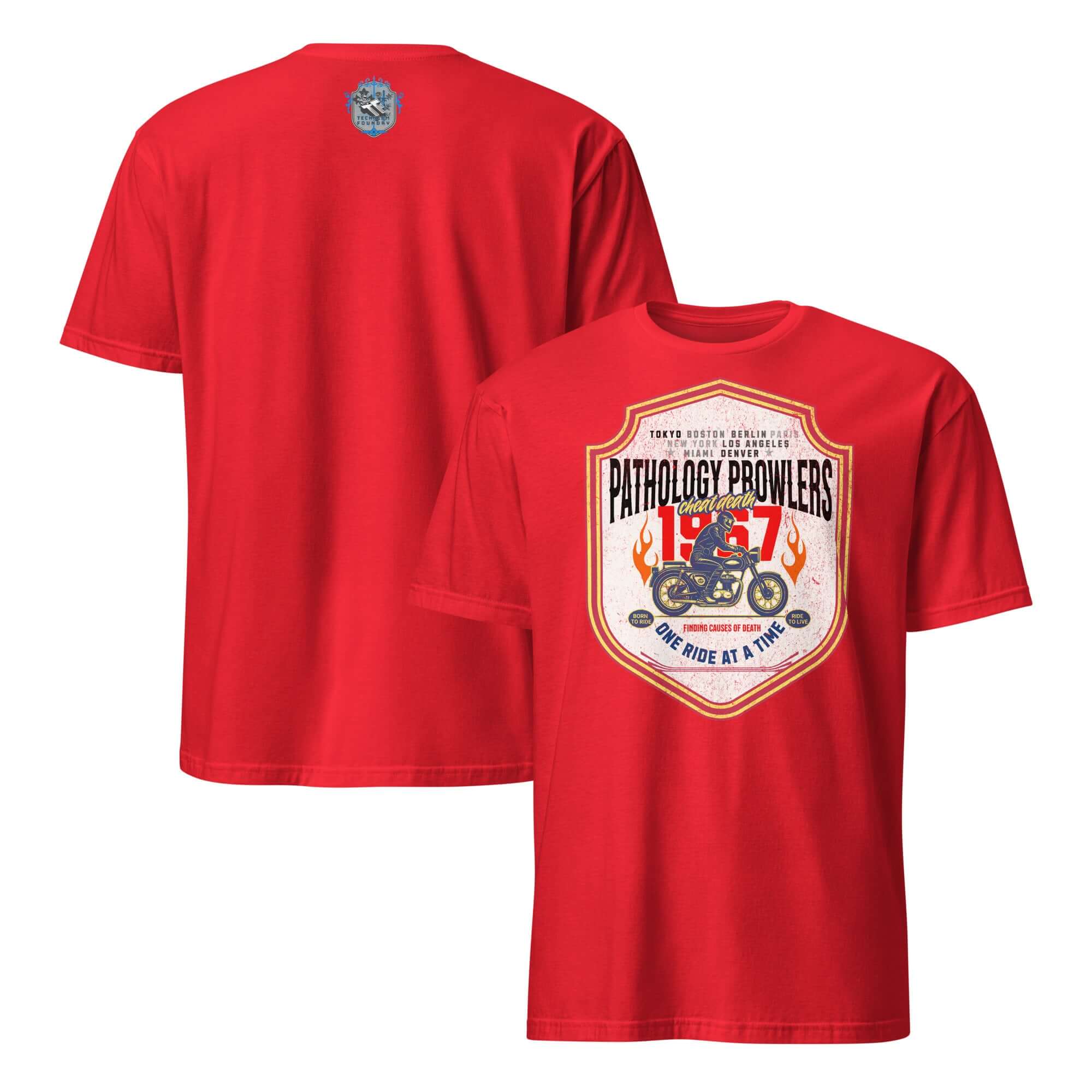 Red "Pathology Prowlers" T-shirt featuring a vintage motorcycle emblem, ideal for forensic motorcycle enthusiasts.