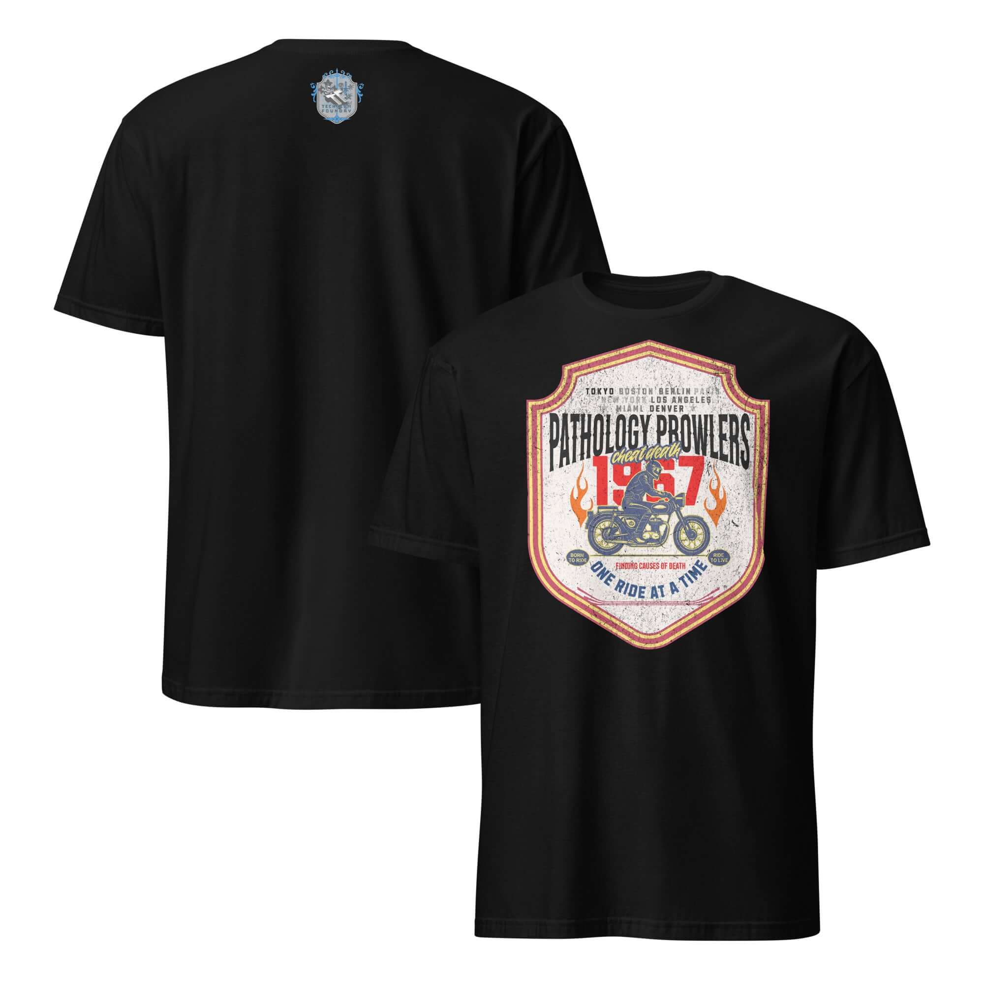 Back and front view of a black Pathology Prowlers MC T-Shirt with vintage emblem, celebrating forensic motorcycle club