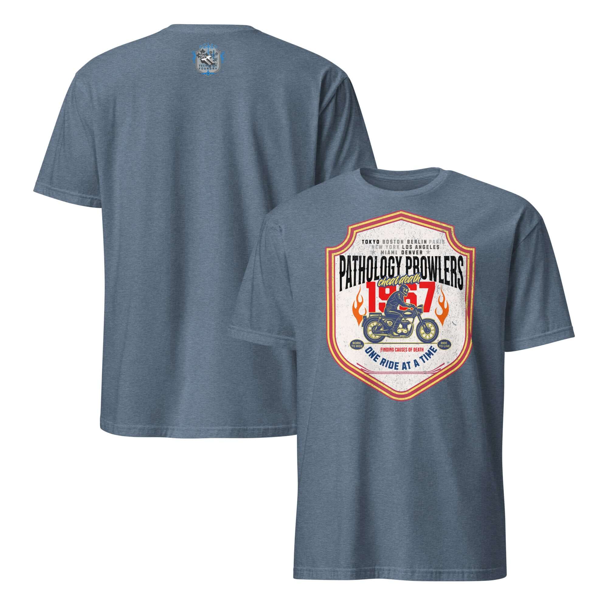Pathology Prowlers MC T-Shirt featuring vintage shield emblem and motorcycle design for forensic motorcycle enthusiasts.