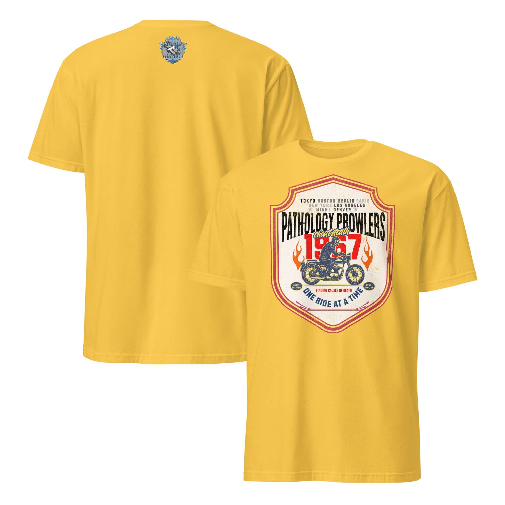 Yellow Pathology Prowlers MC T-Shirt featuring forensic motorcycle club emblem and vintage design.