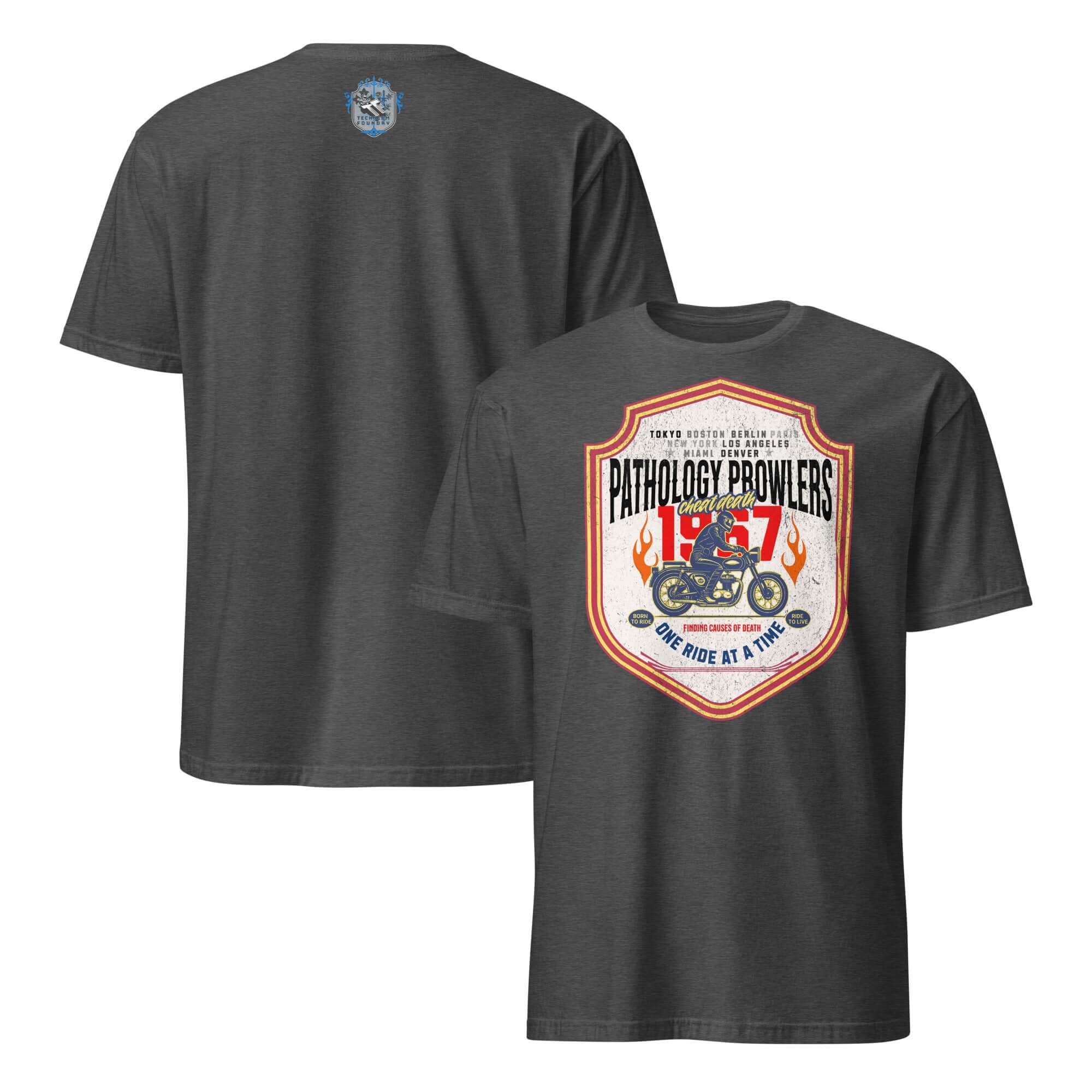 Pathology Prowlers MC T-Shirt featuring vintage shield emblem, celebrating forensic motorcycle club spirit, founded in 1967.