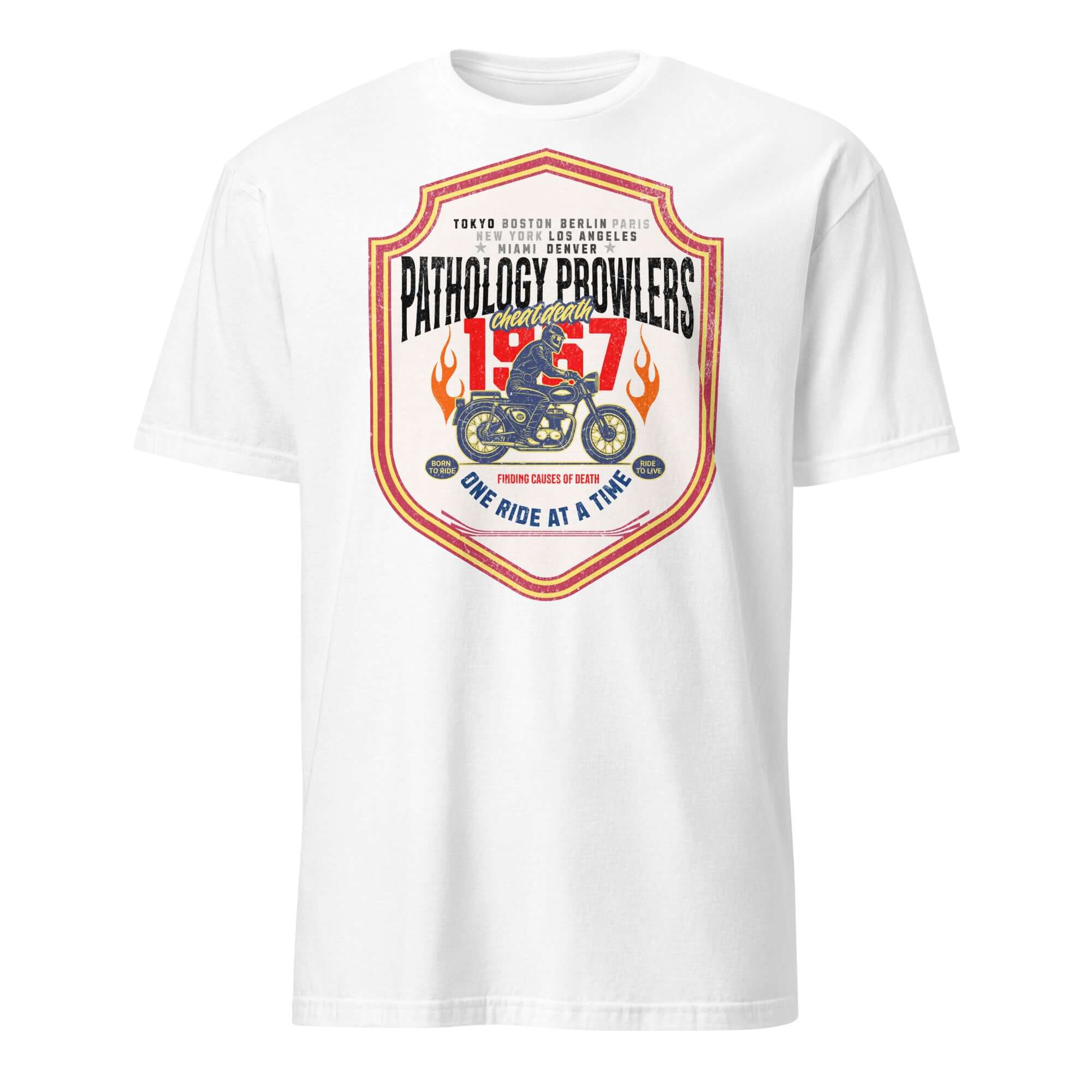 Pathology Prowlers MC T-Shirt featuring vintage emblem design for forensic motorcycle club enthusiasts. Founded in 1967.