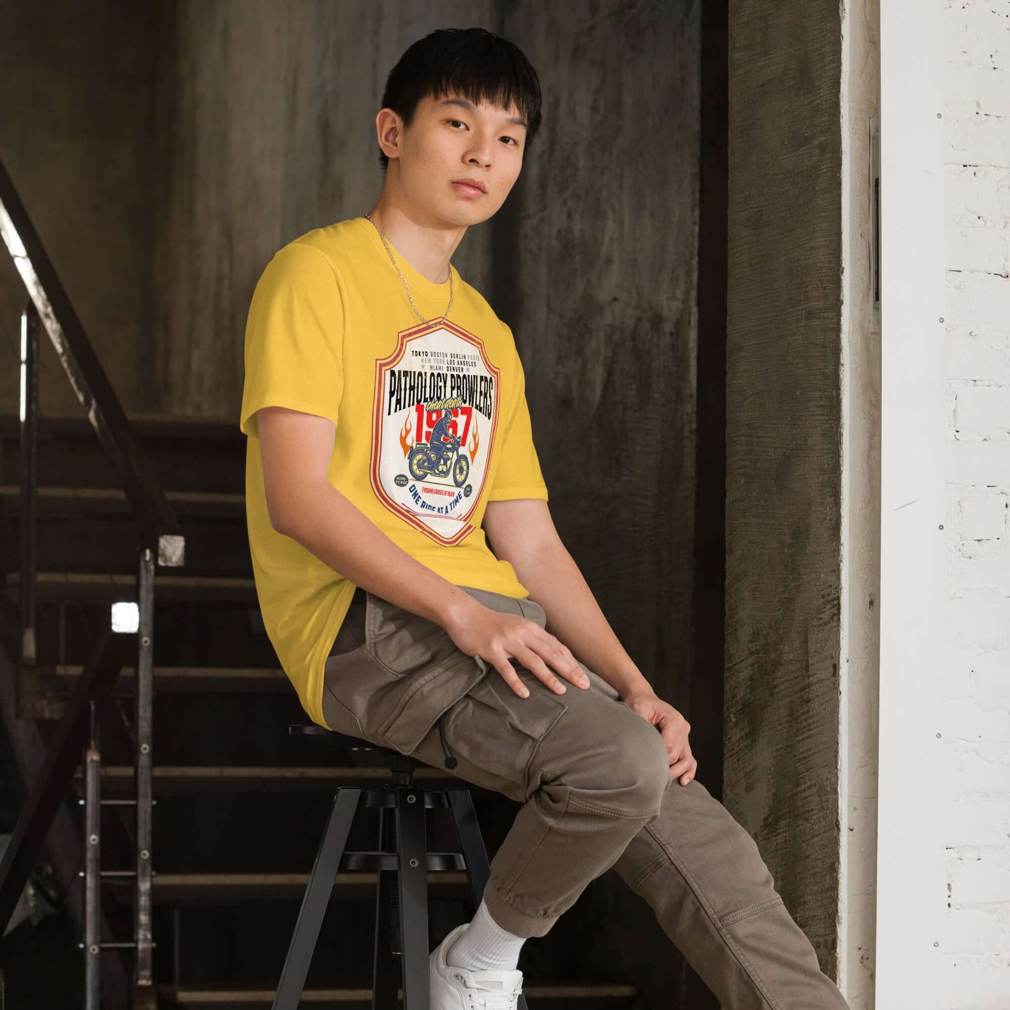 Person wearing yellow Pathology Prowlers MC T-Shirt, featuring a vintage-inspired motorcycle emblem, seated on stairs.
