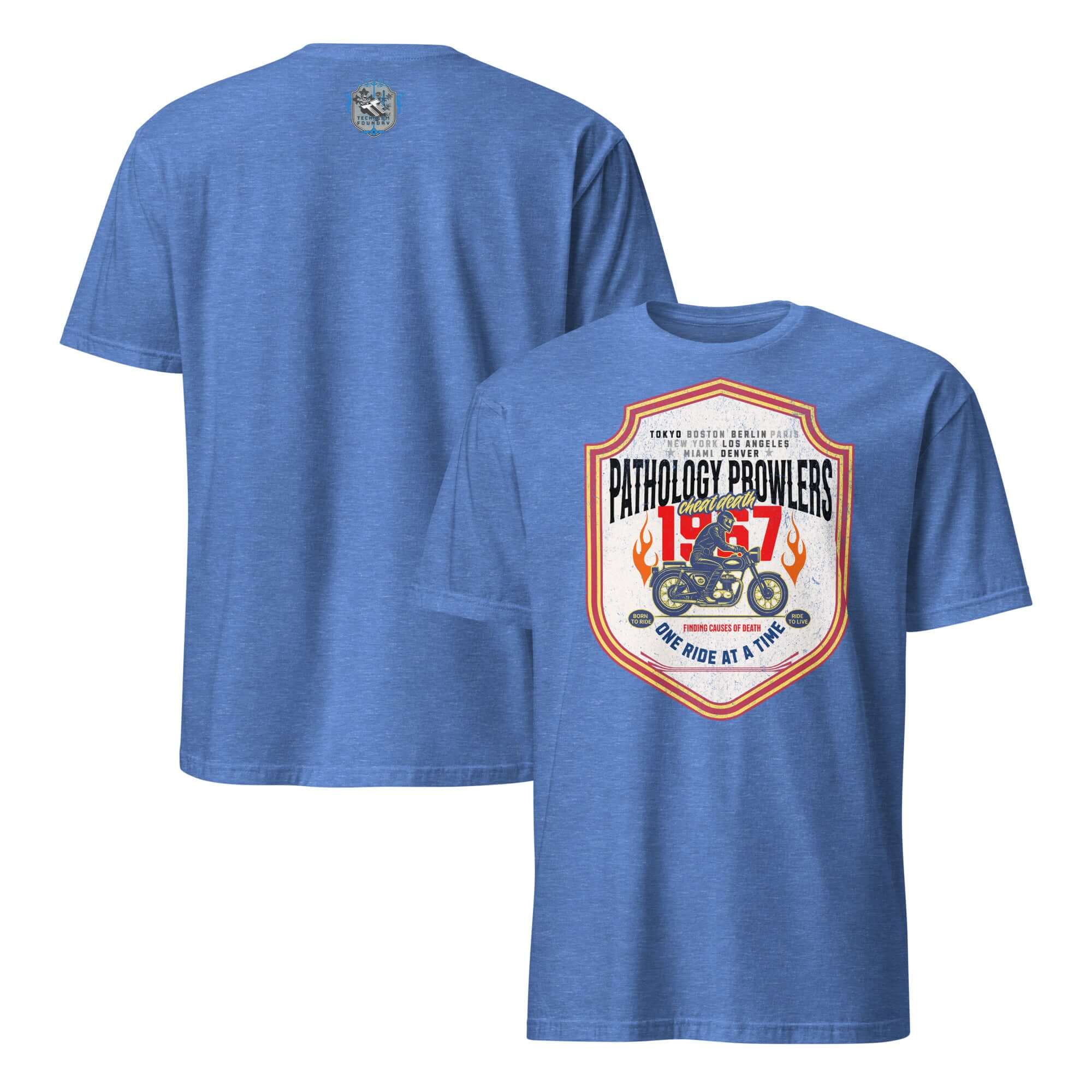 Pathology Prowlers MC T-Shirt with forensic motorcycle club shield emblem in vintage style, blue tee.