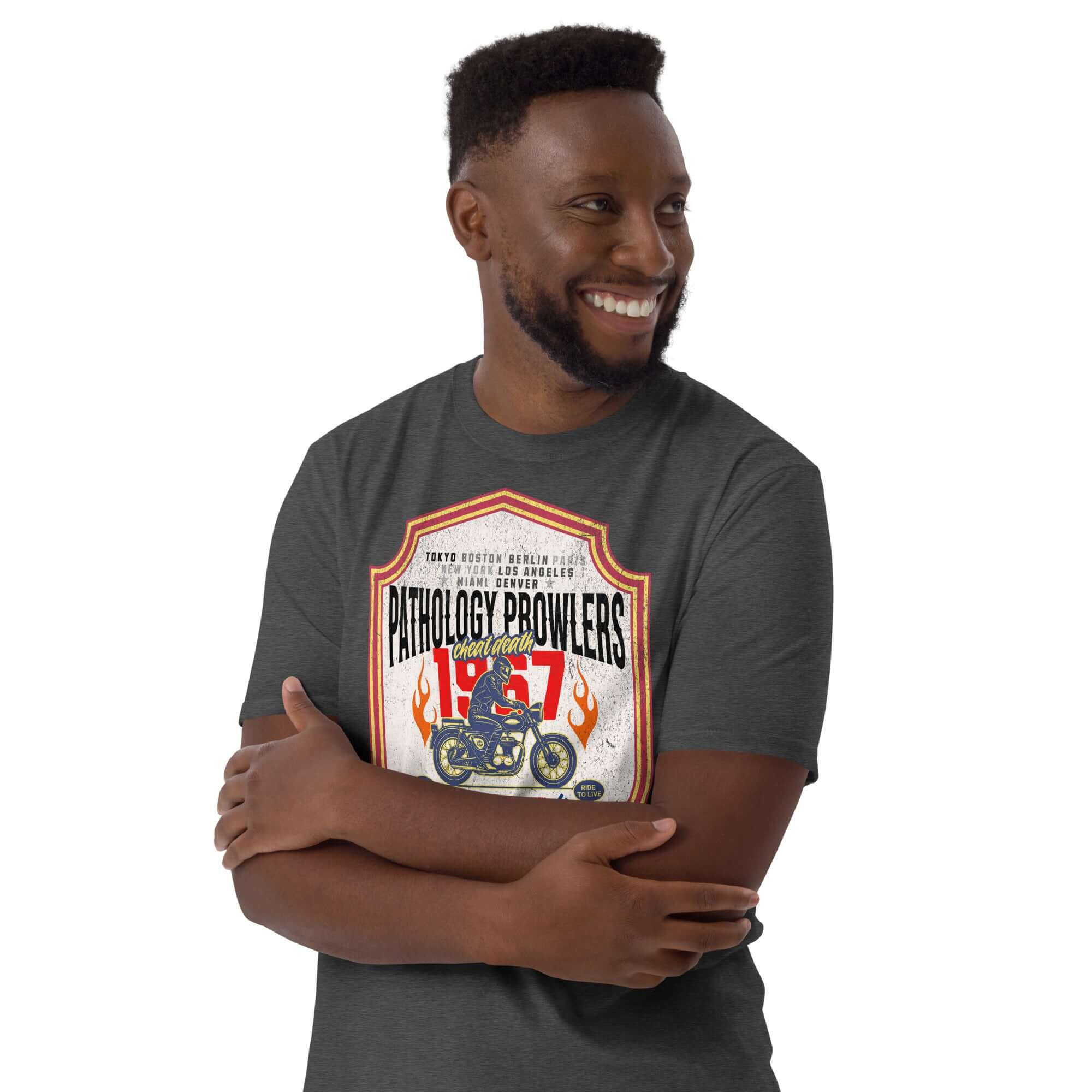 Man wearing Pathology Prowlers MC T-Shirt with vintage motorcycle club design on gray fabric