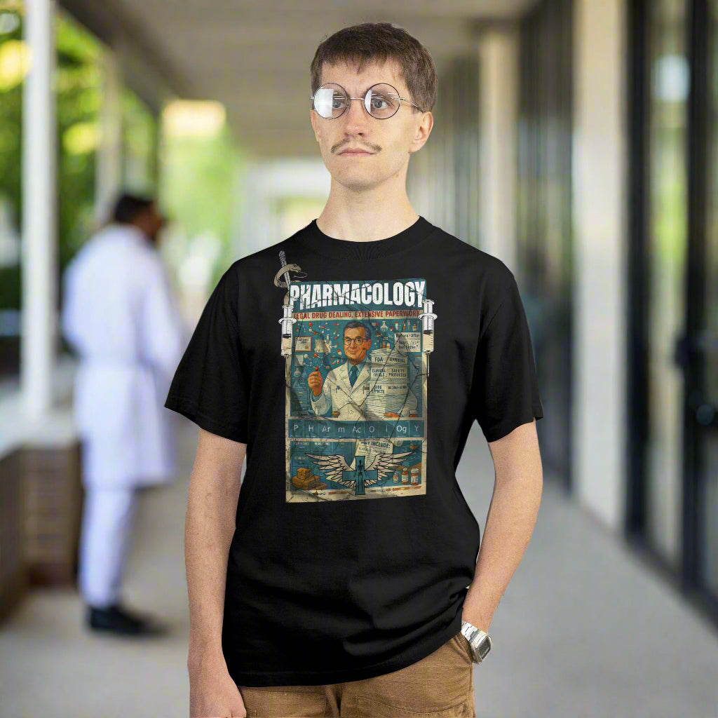 Man wearing Pharmacology T-Shirt featuring "Legal Drug Dealing, Extensive Paperwork" vintage design, celebrating pharmaceutical industry.