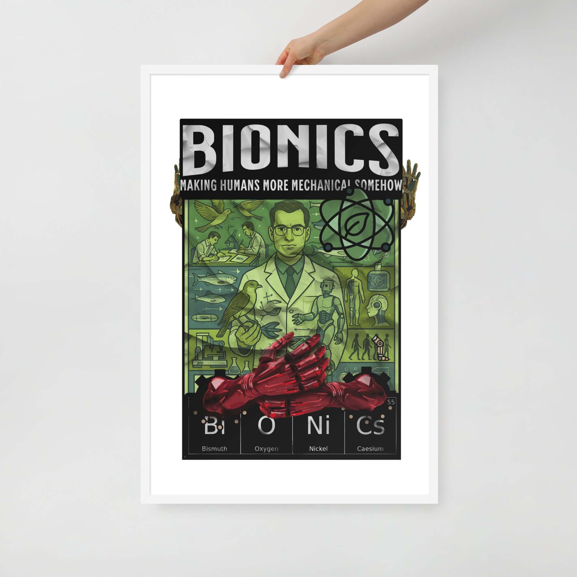 Framed Bionics Poster Print - "Making Humans More Mechanical Somehow" with vintage bioengineering lab design.