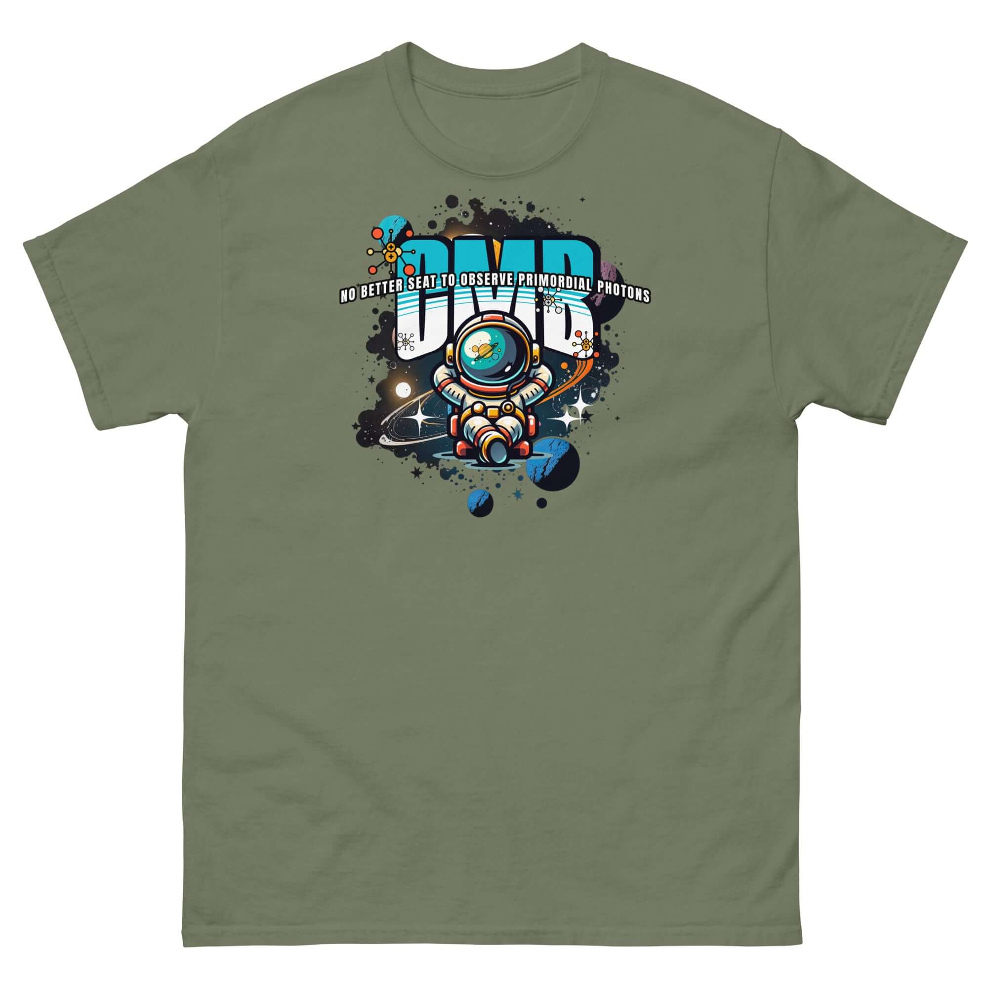 Space Explorer T-Shirt with Astronaut and Planets, 'NO BETTER SEAT TO OBSERVE PRIMORDIAL PHOTONS' graffiti-style text.