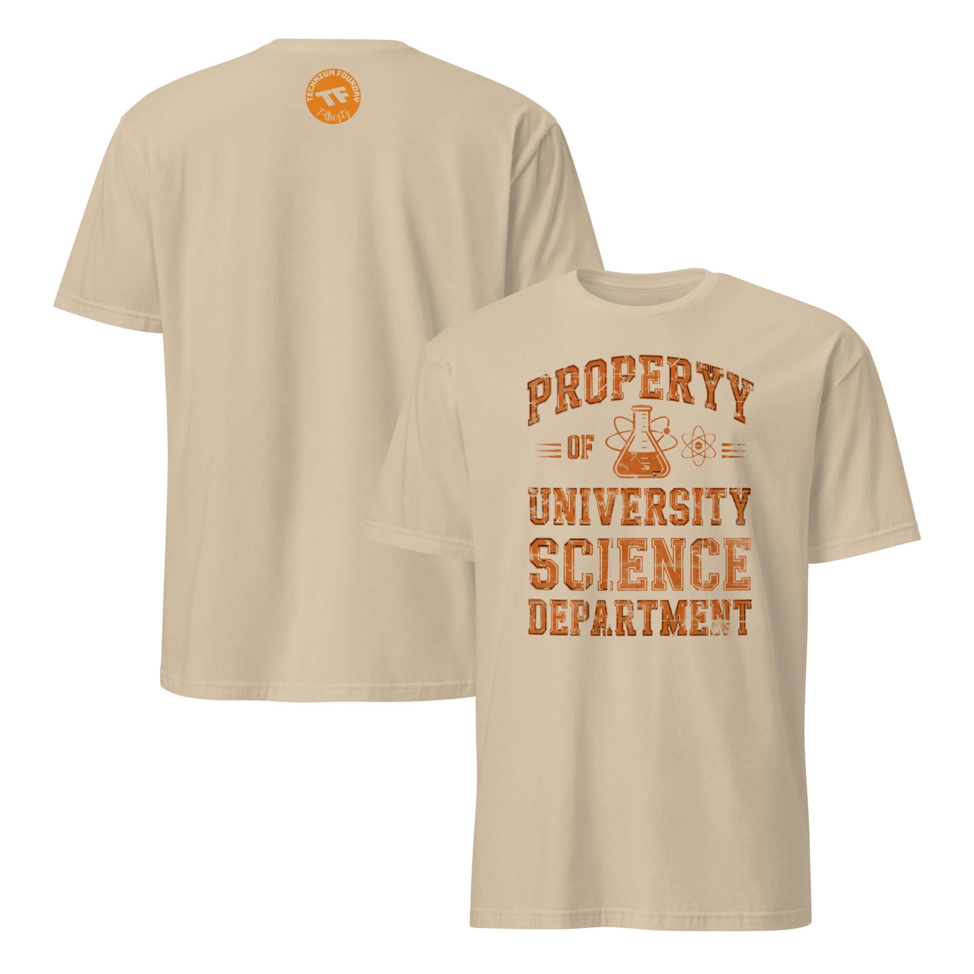 Beige "Property of University Science Department" T-shirt featuring varsity-style print, perfect for college science pride and team spirit.