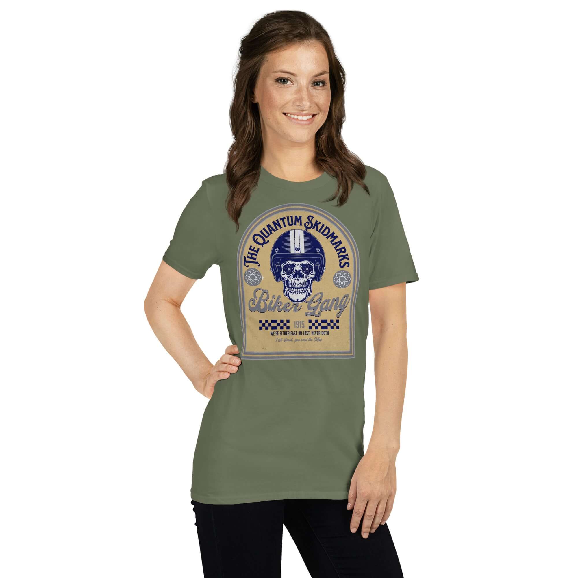 Model wearing Quantum Skidmarks Motorcycle Club T-Shirt with skull design, ideal for physics enthusiasts and biker gang fans.