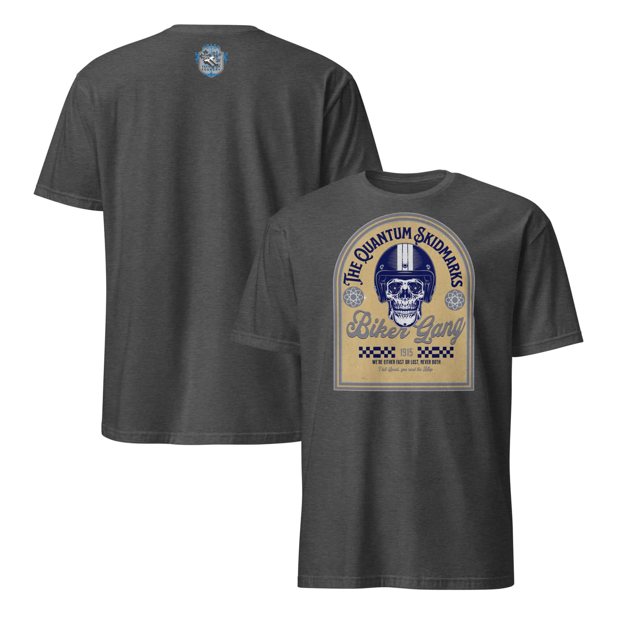 Quantum Skidmarks Motorcycle Club T-Shirt with skull emblem, physics biker gang theme, vintage-inspired design.