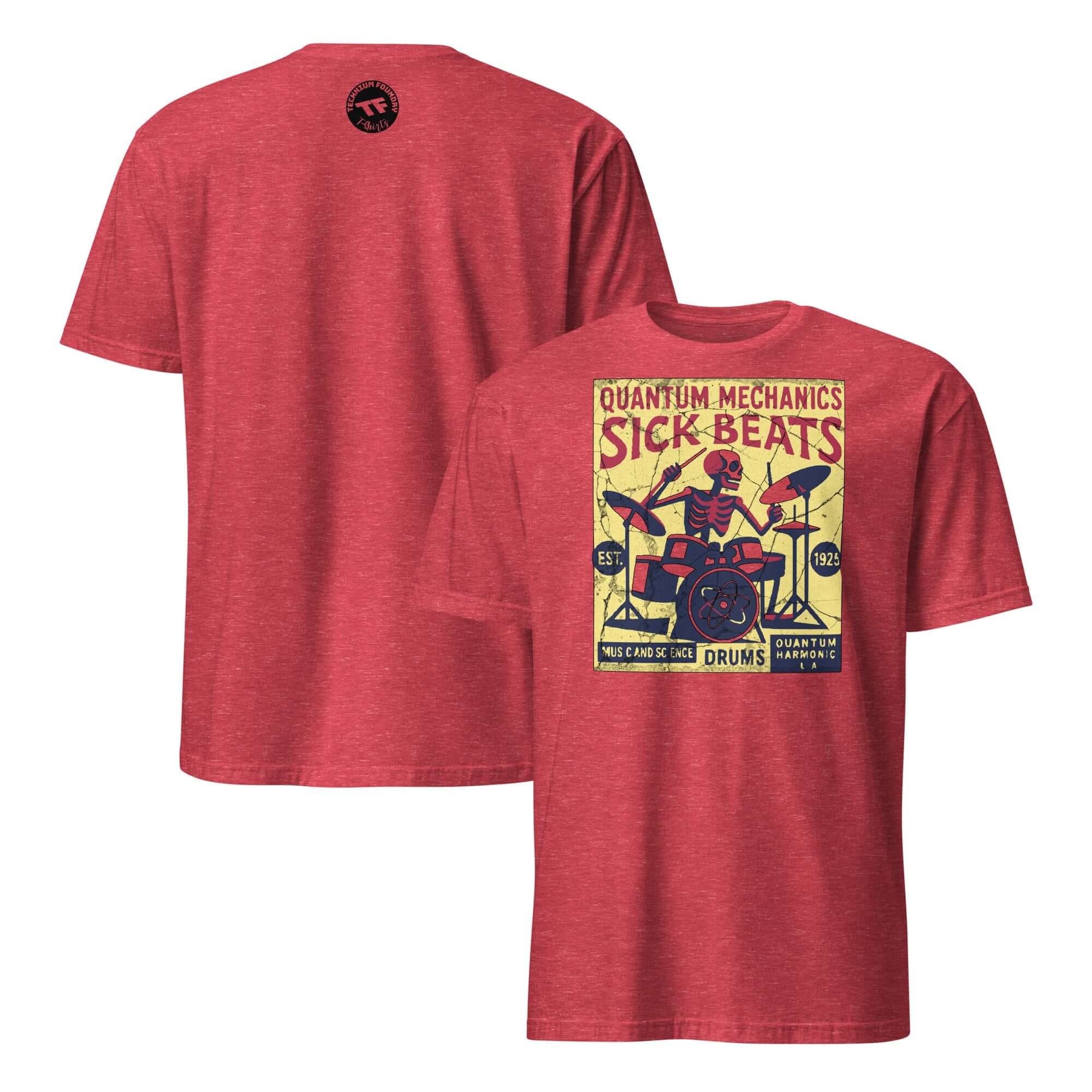 Red "Quantum Mechanics Sick Beats" T-Shirt featuring physics and drumming design.