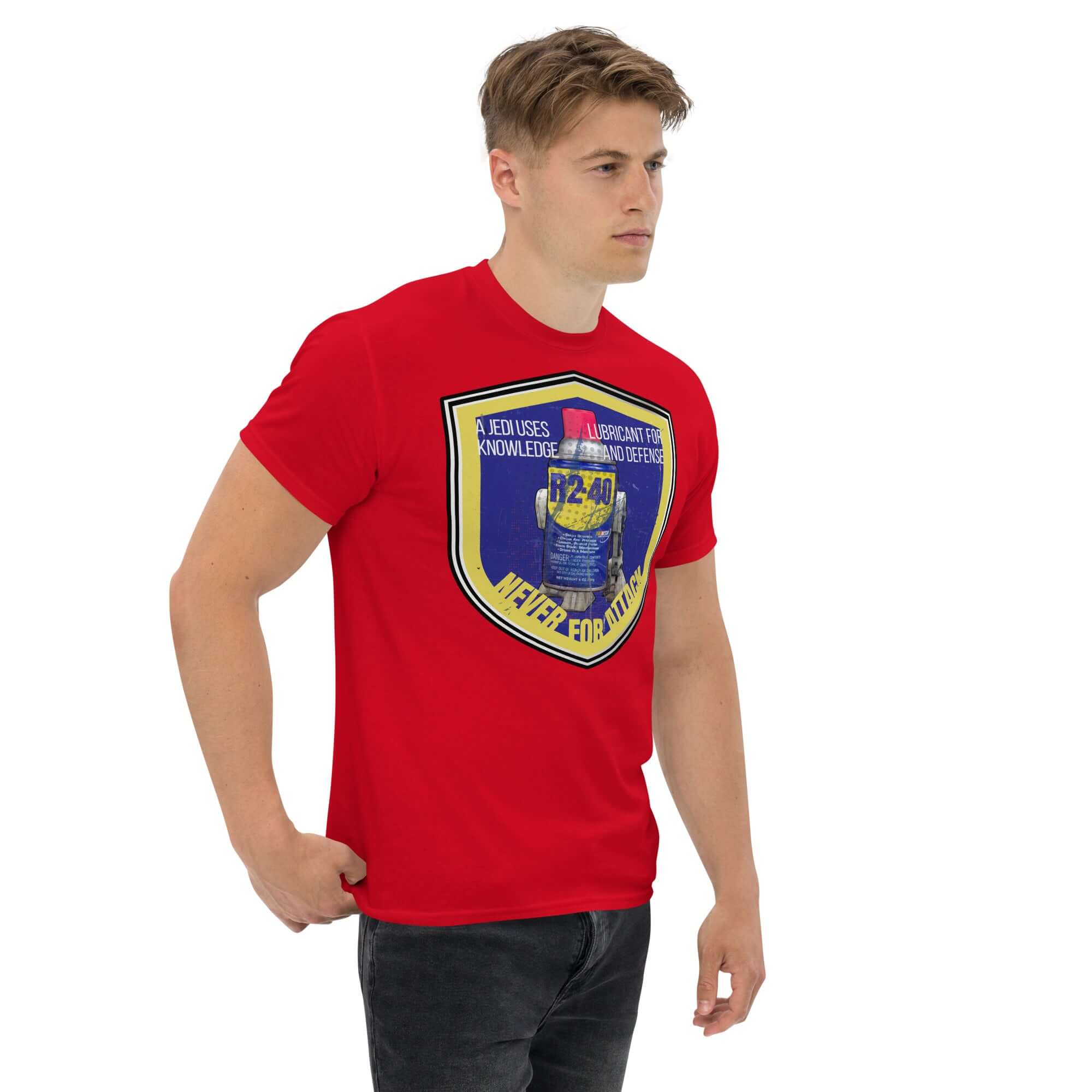 Man wearing Star Wars R2-D2 WD-40 parody red t-shirt with mechanic humor design.