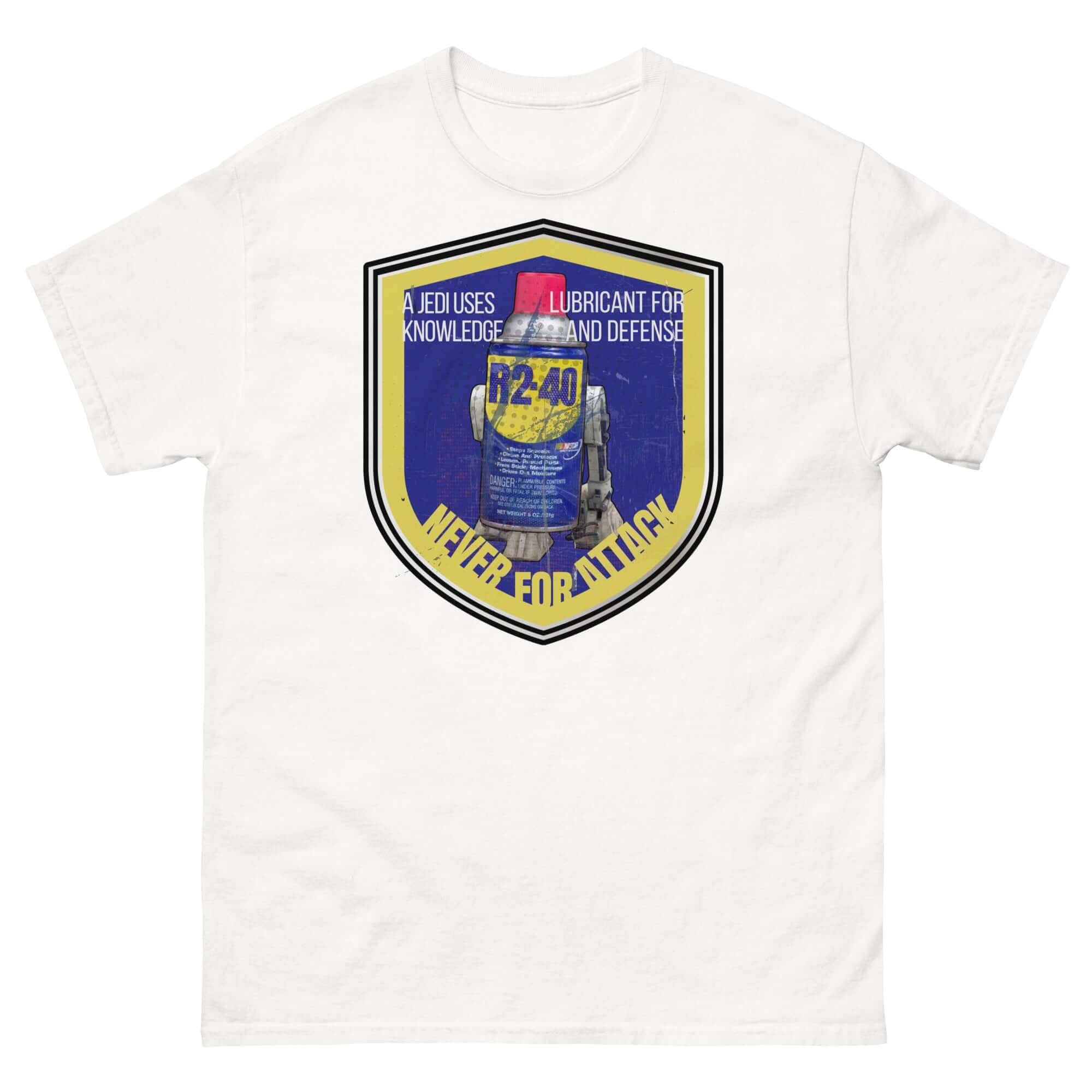 R2-D2 WD-40 parody t-shirt featuring Star Wars mechanic humor with 'A Jedi Uses Lubricant' slogan, perfect for fans and DIY enthusiasts.
