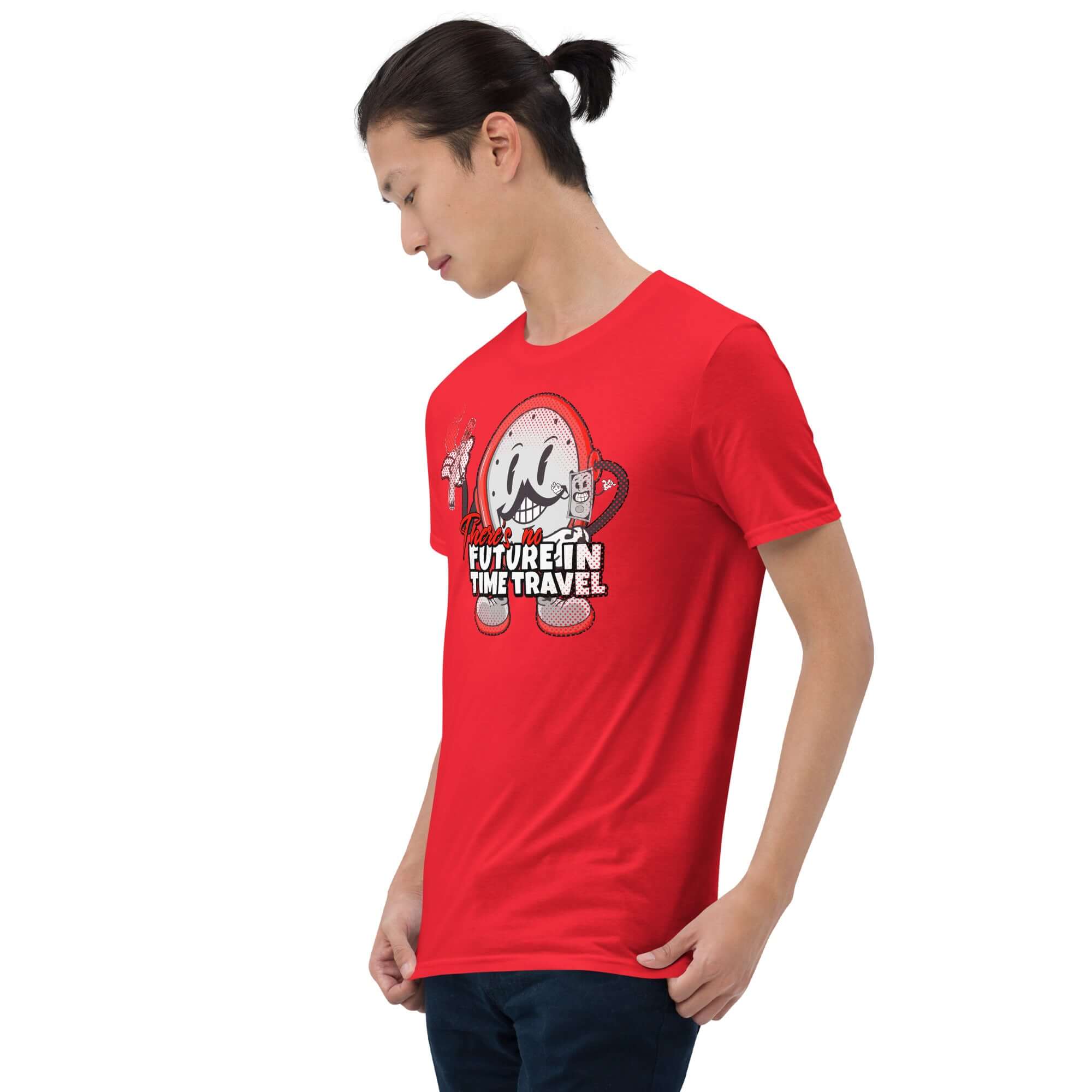 Model wearing red "There's No Future in Time Travel" tee with cartoon clock and retro gaming theme.