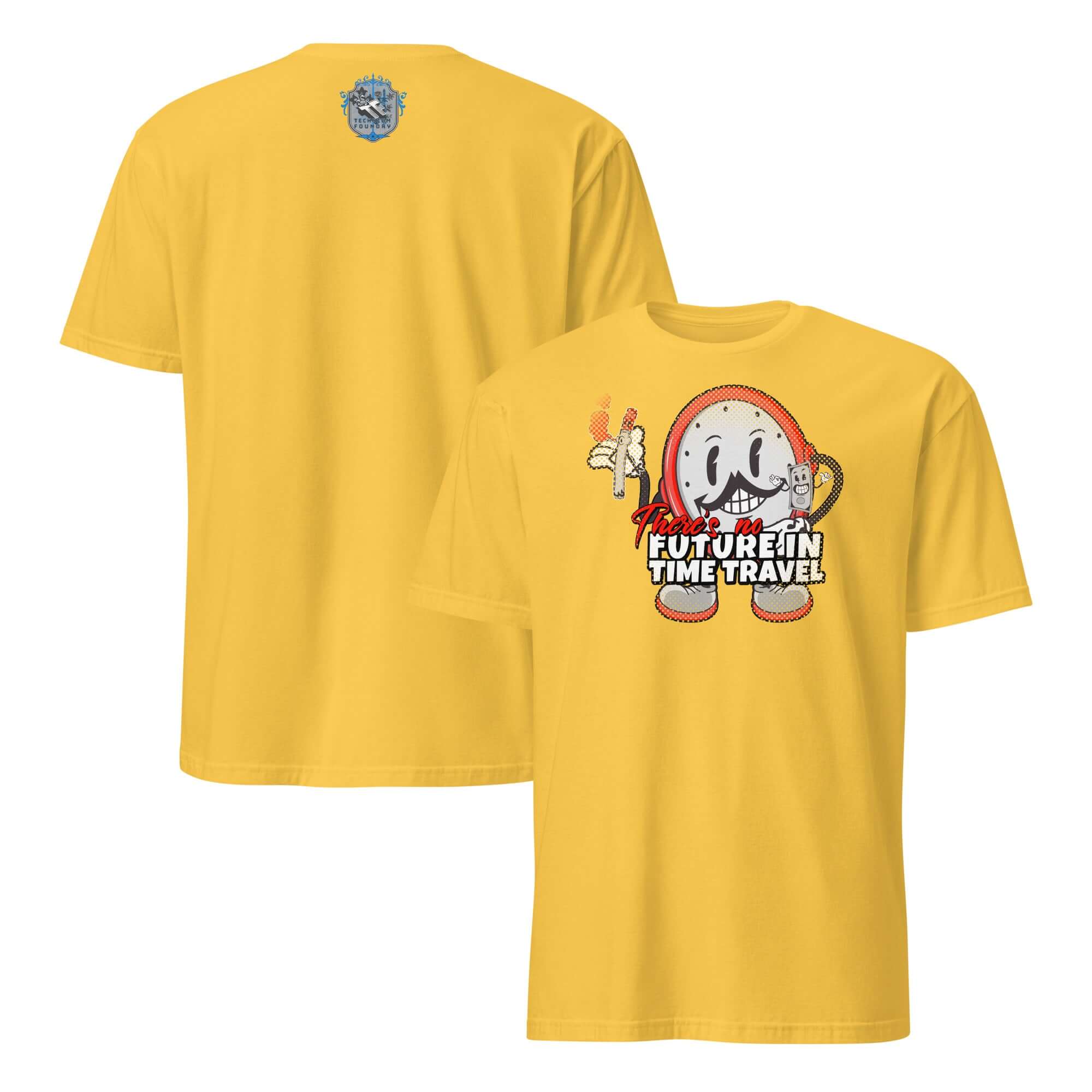 Yellow t-shirt featuring a cartoon clock with headphones, cigarette, and the phrase "There's No Future in Time Travel" in retro style.