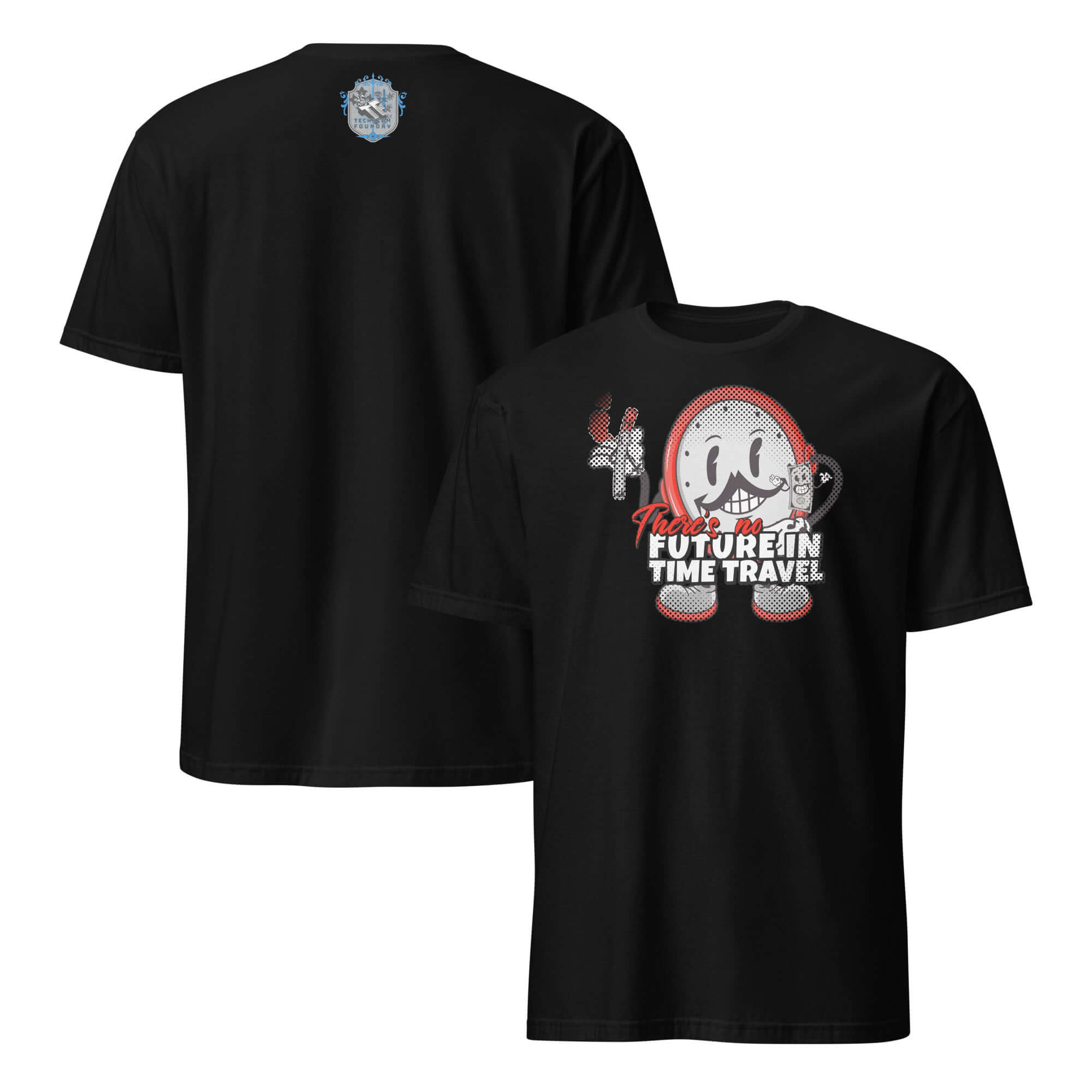 Retro gaming t-shirt featuring a mischievous clock character, "There's No Future in Time Travel" text, on a black background.