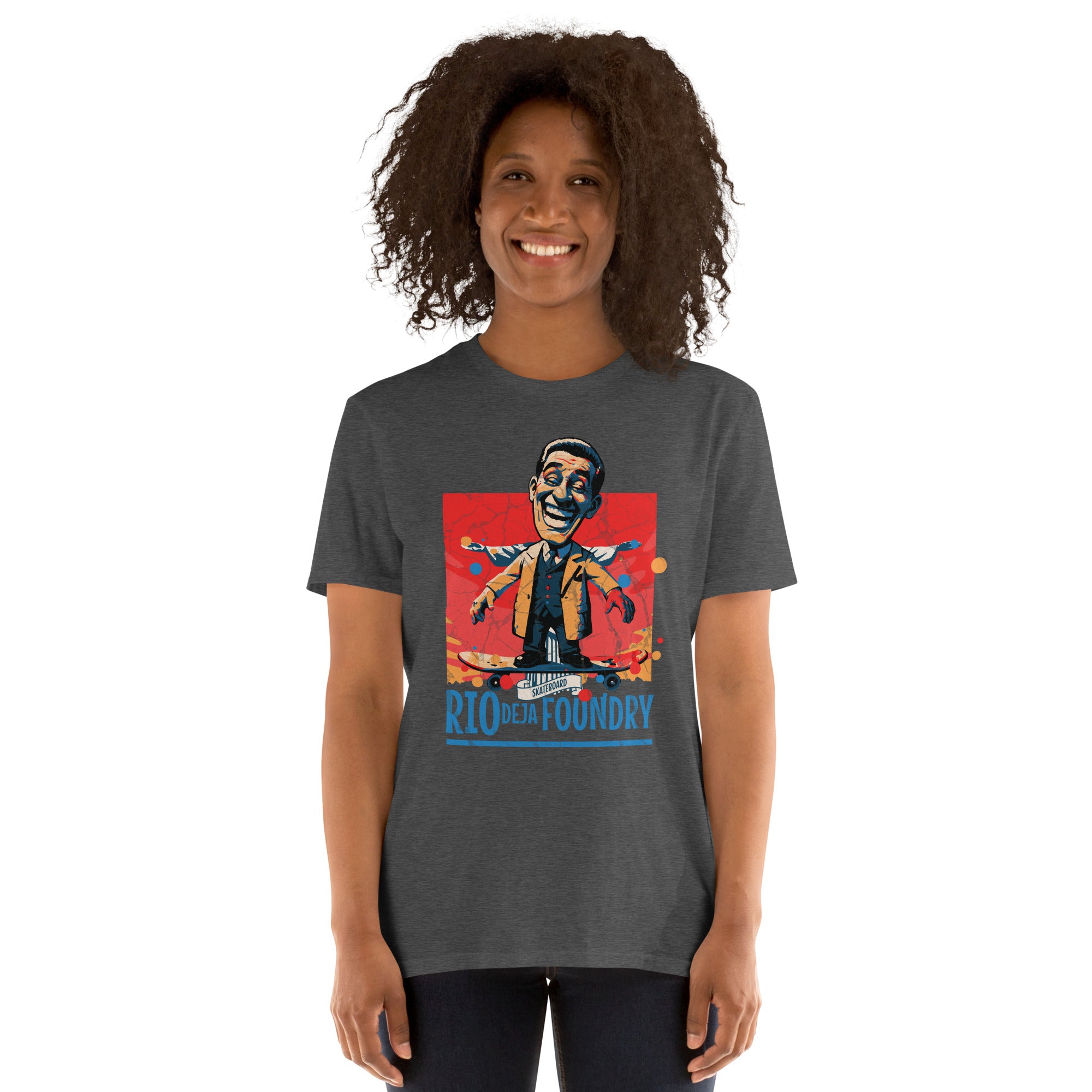 Rio De La Foundry T-Shirt with vintage skateboarding character in mustard jacket, celebrating retro adrenaline and style.