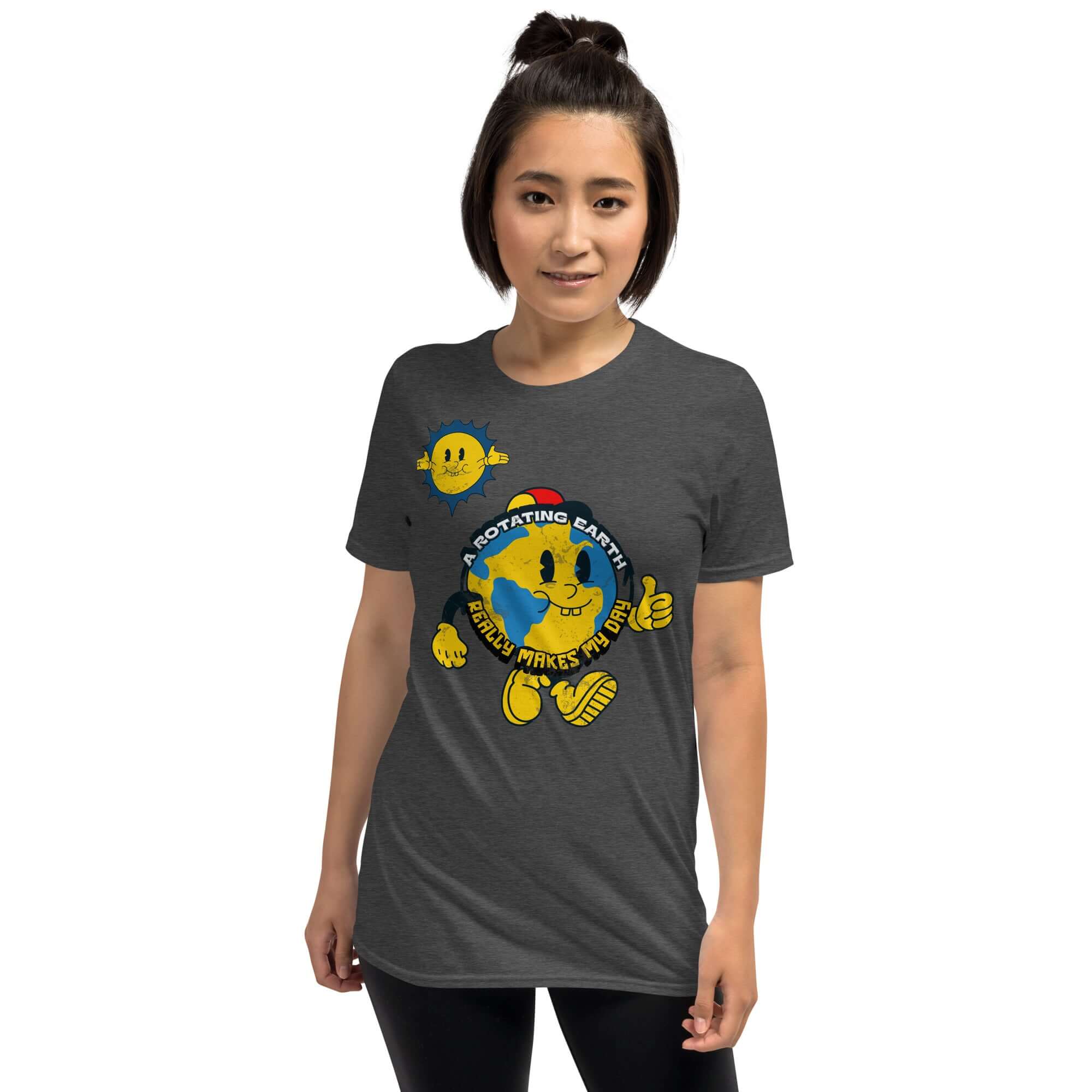 Woman wearing "A Rotating Earth Really Makes My Day" t-shirt by Cheerful Planet Apparel with cartoon Earth character design.