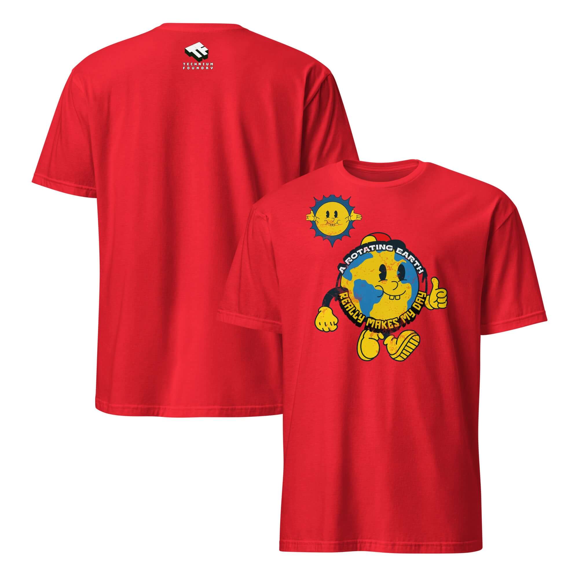 Red t-shirt featuring cartoon Earth with thumbs up and "A Rotating Earth Really Makes My Day" text by Cheerful Planet Apparel.