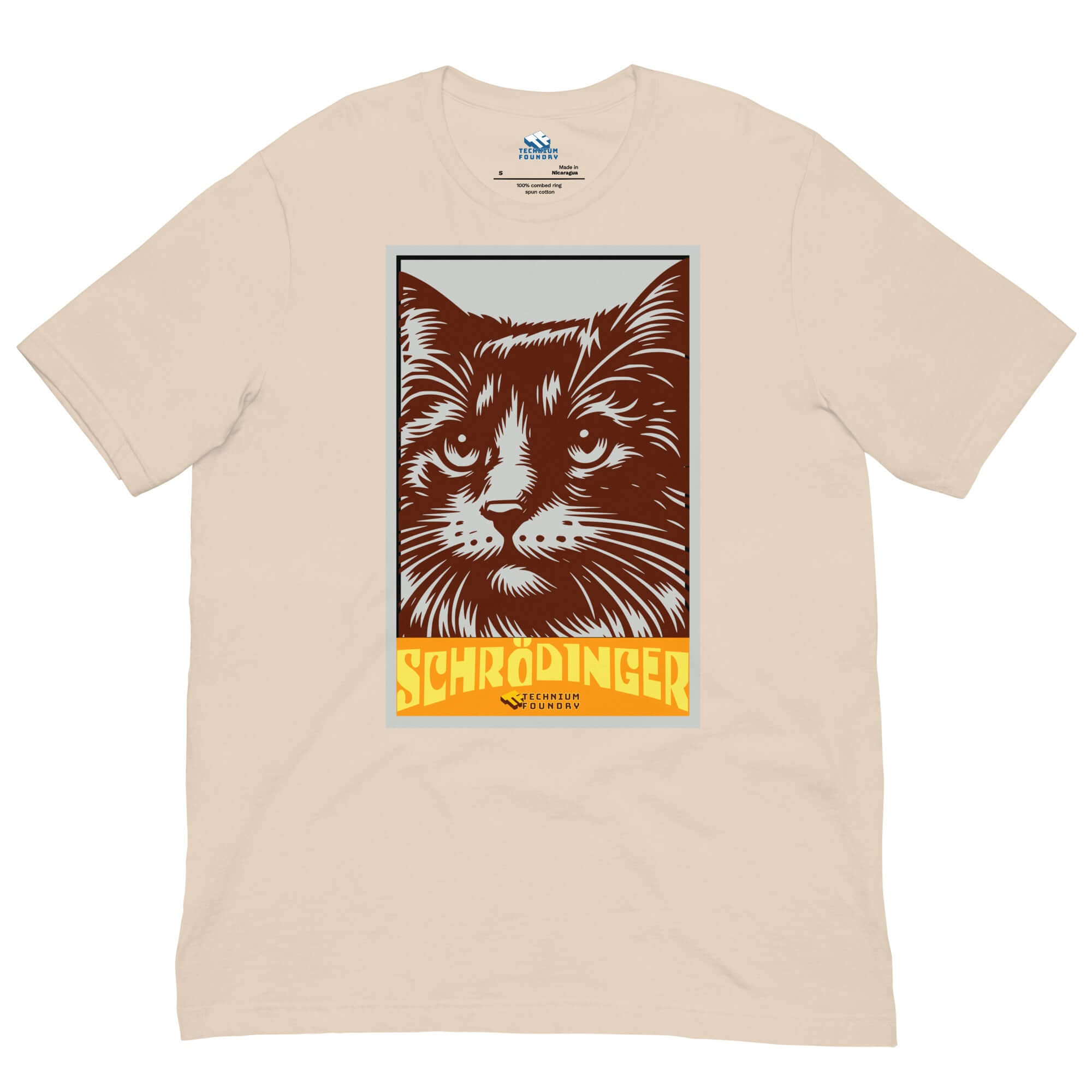 Schrödinger's Cat T-Shirt featuring retro-style design of a cat with "Schrödinger" text, representing quantum superposition concept.
