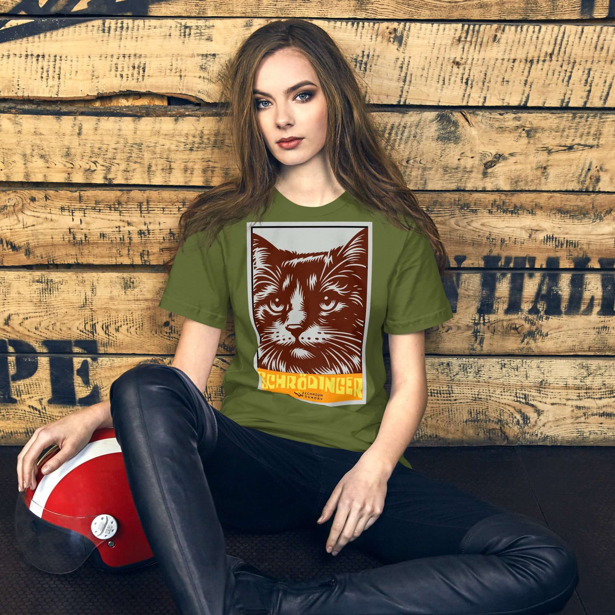 Model wearing Schrödinger's Cat T-Shirt featuring retro cat design, highlighting quantum superposition concept.