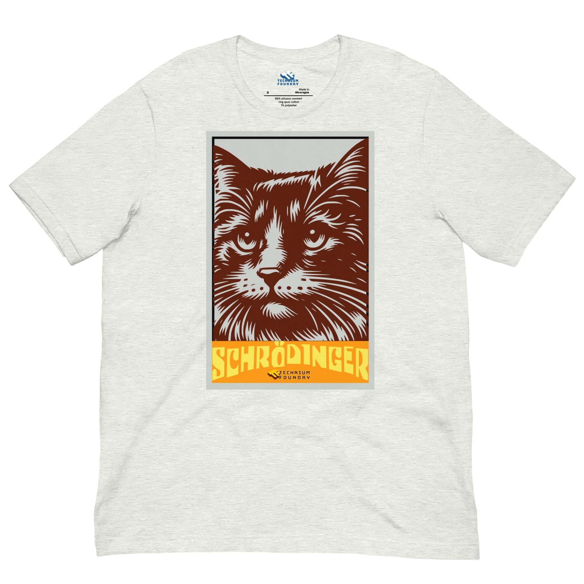 Schrödinger's Cat T-Shirt featuring retro feline design, inspired by quantum superposition, on a white fabric background.