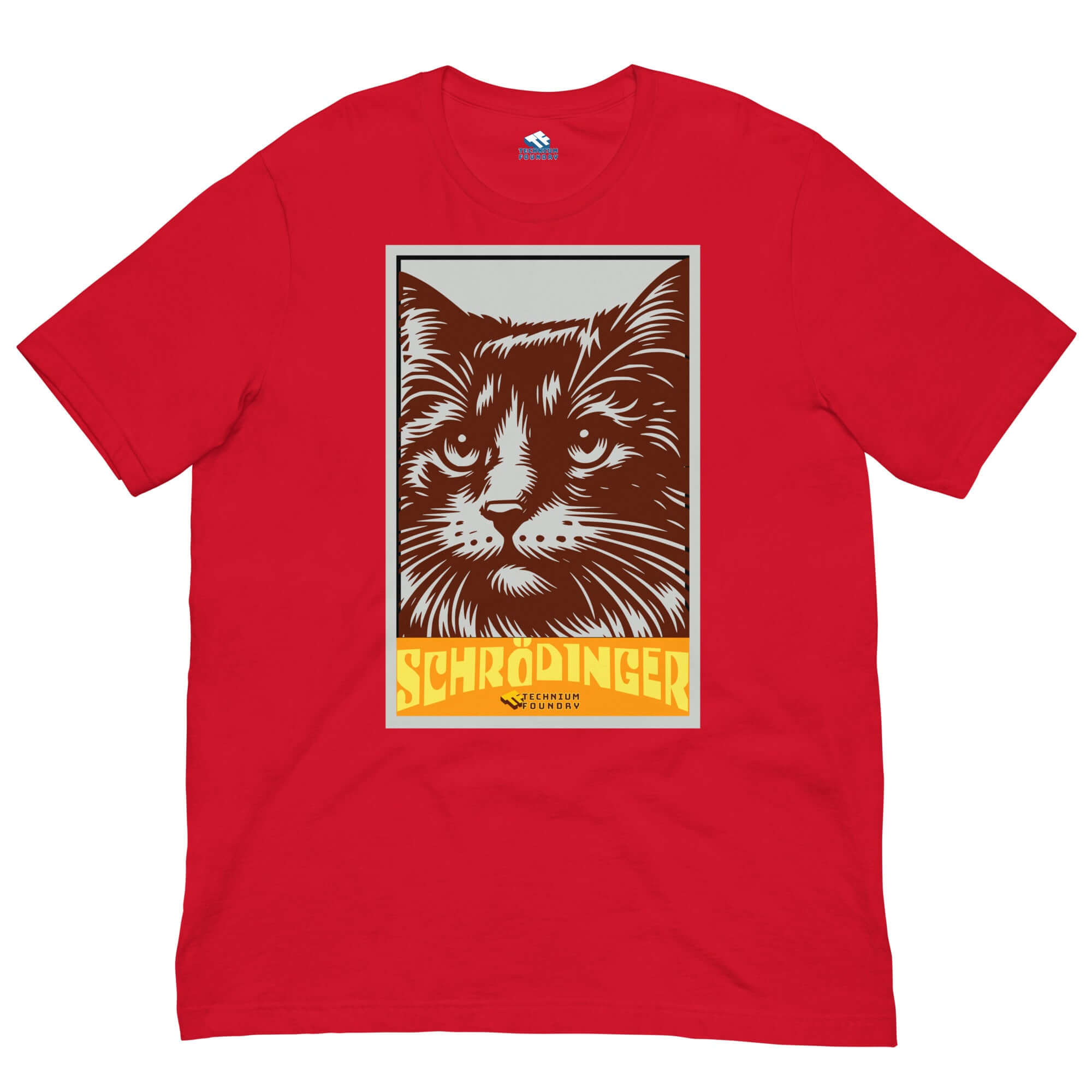 Red Schrödinger's Cat T-Shirt featuring retro-style cat graphic and text "Quantum Superposition's Most Famous Feline."