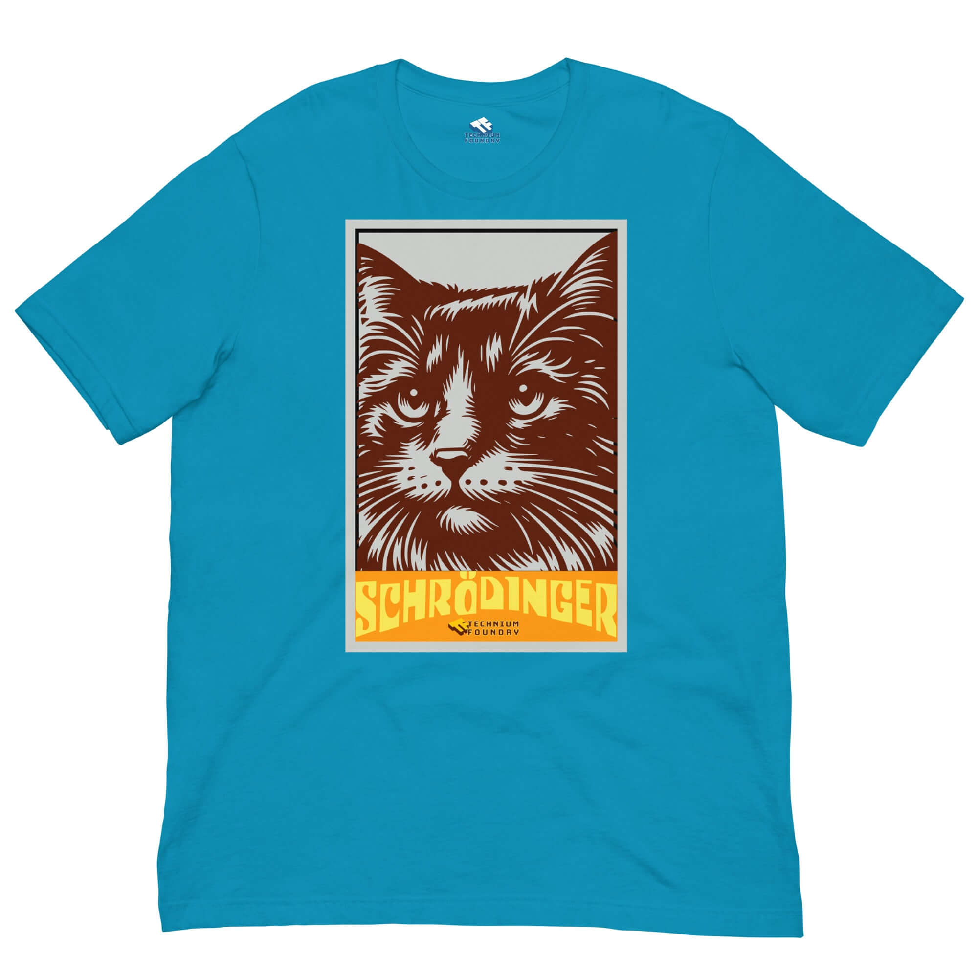 Retro-styled Schrödinger's Cat T-Shirt featuring famous quantum feline in blue, perfect for science enthusiasts.