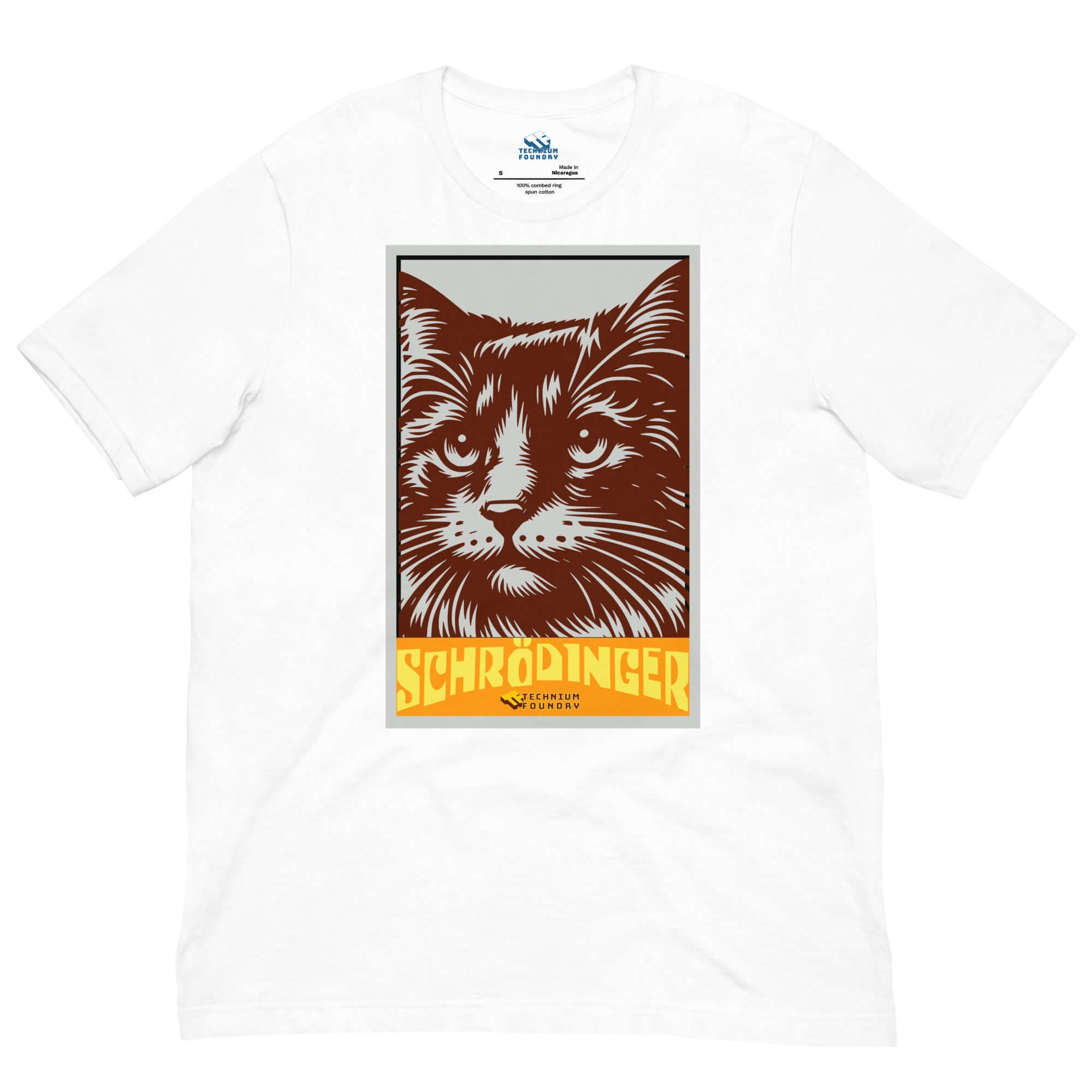 White Schrödinger's Cat T-Shirt featuring retro cat portrait and text, celebrating quantum superposition with a playful twist.