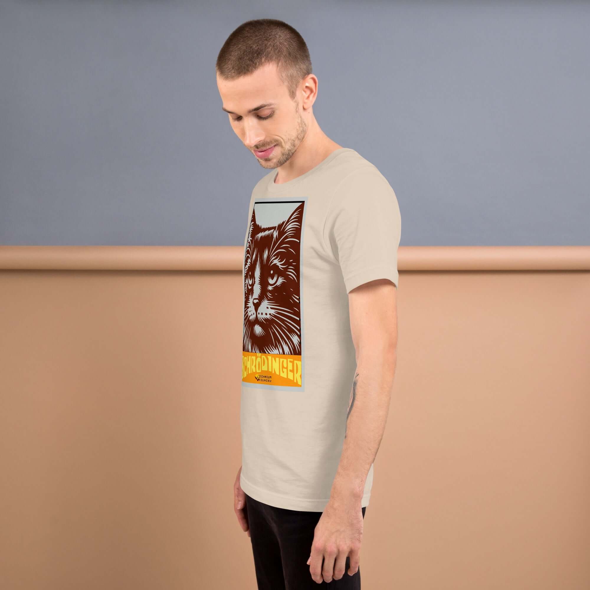 Man wearing Schrödinger's Cat T-Shirt with retro design, featuring a famous feline from the quantum superposition thought experiment.