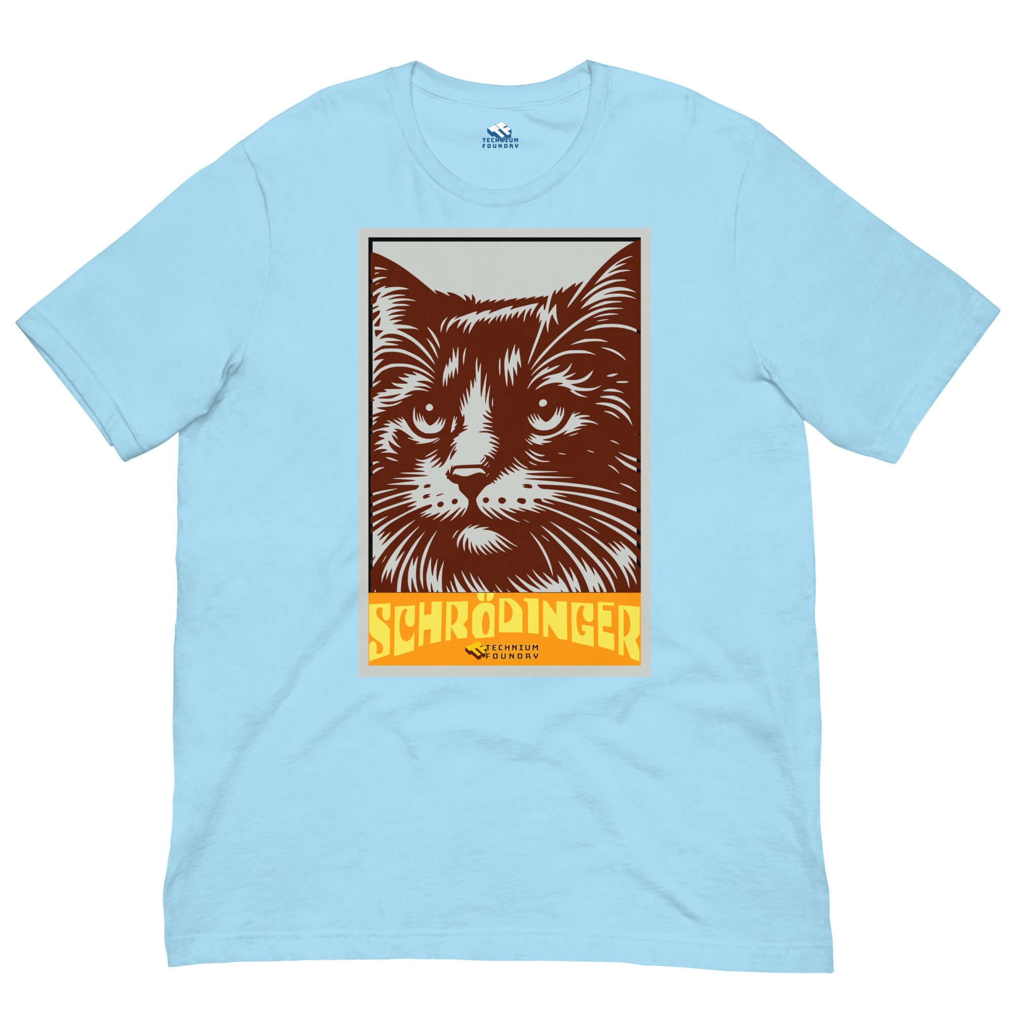 Schrödinger's Cat T-Shirt featuring retro cat design in blue, inspired by quantum superposition and famous feline thought experiment.