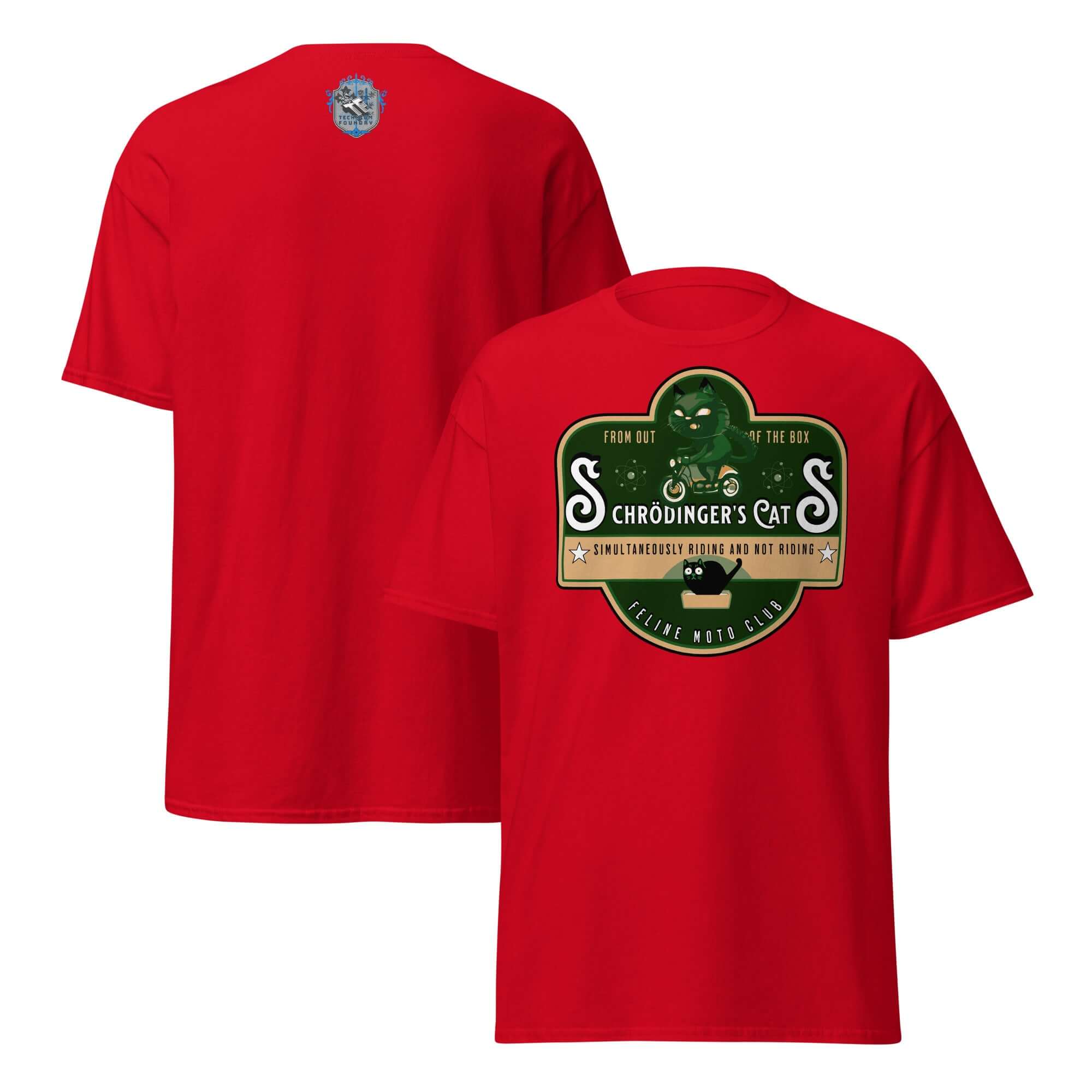 Red Schrödinger's Cats Motorcycle Club T-Shirt with quantum physics biker design featuring a green cat on a motorcycle emblem.
