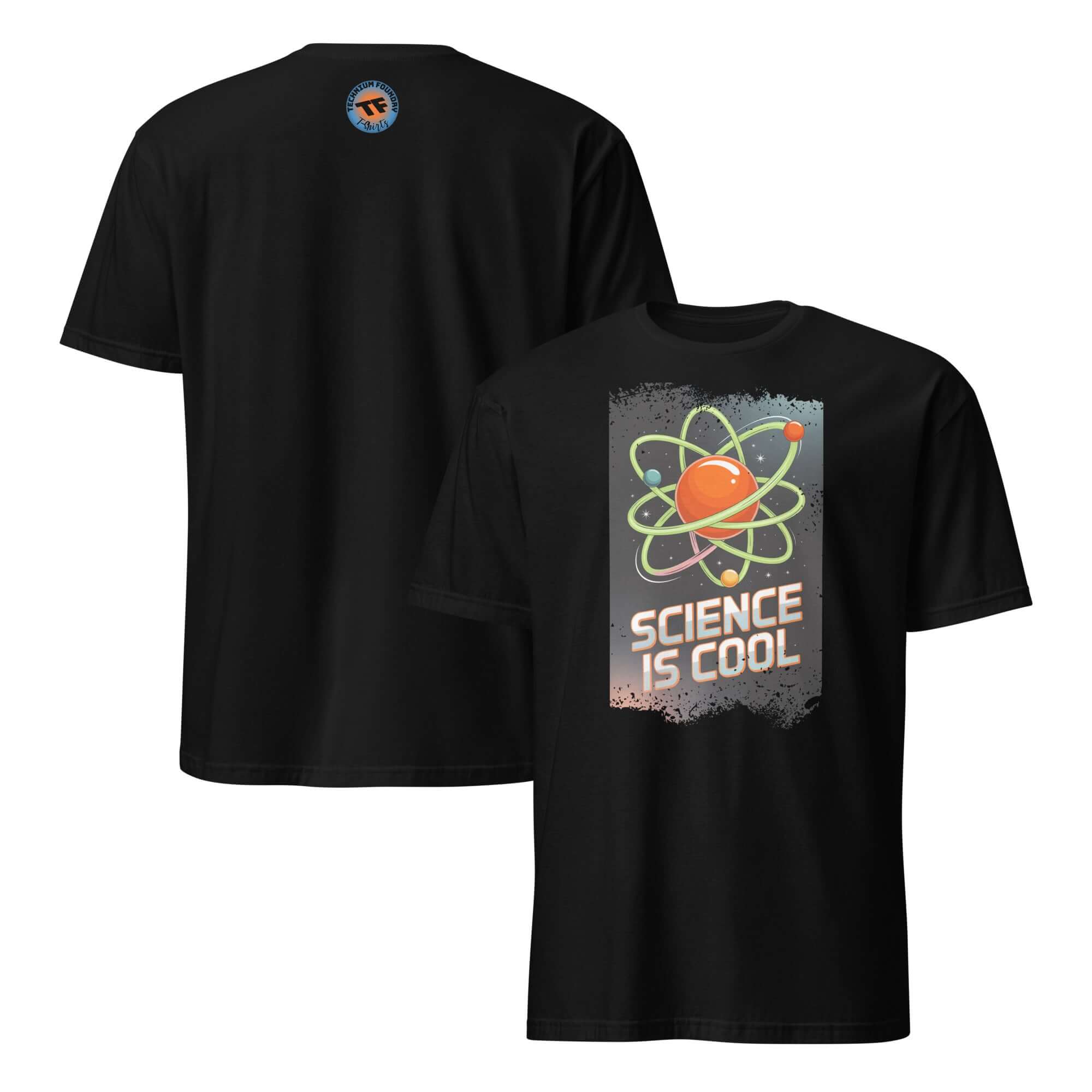 Black Science is Cool T-Shirt with atomic design and humor text, featuring durable stitching and soft ring-spun cotton.