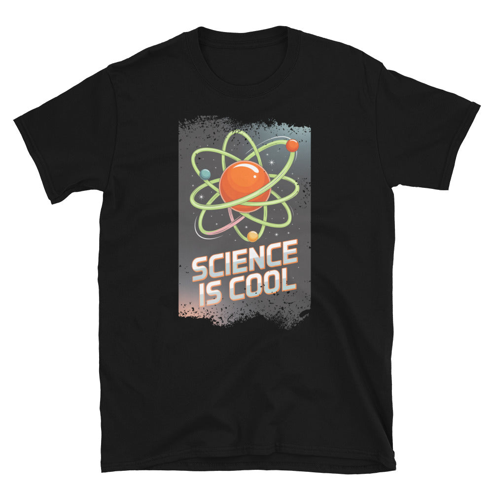 Black t-shirt featuring 'Science is Cool' with atomic design, ideal for science enthusiasts and education humor lovers.
