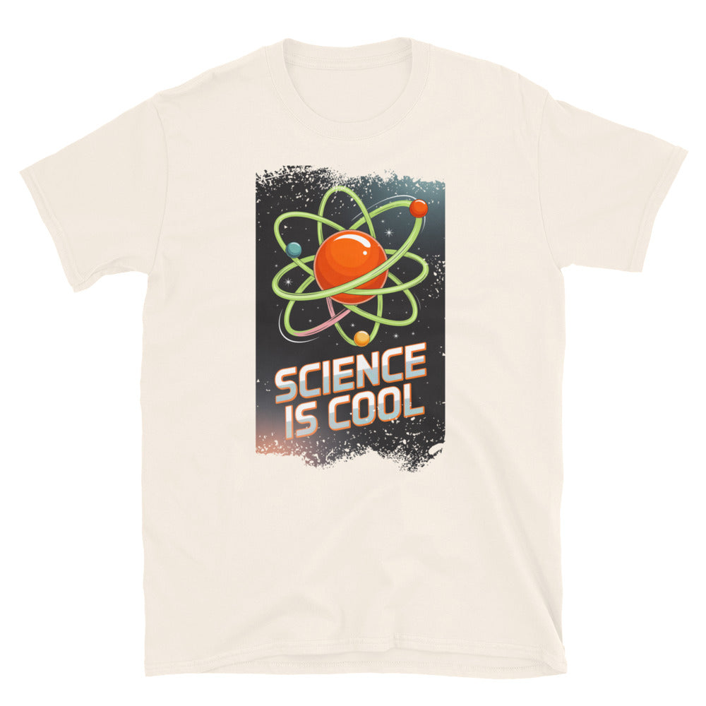 Cream t-shirt featuring 'Science is Cool' graphic with atomic design, ideal for science enthusiasts and educational humor lovers.