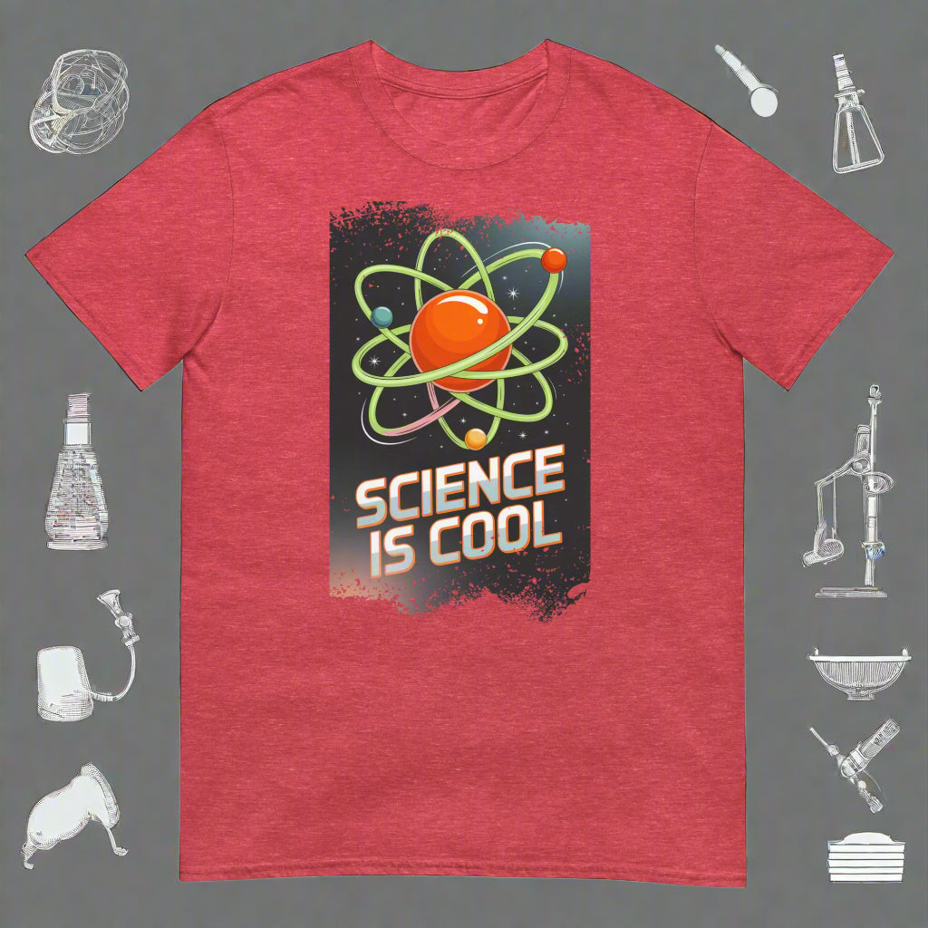 Red t-shirt featuring 'Science is Cool' with atomic design, perfect for science enthusiasts and education humor lovers.
